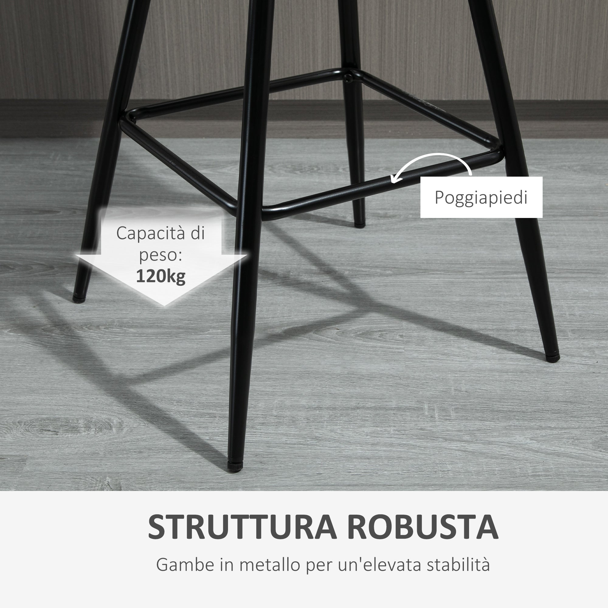 Set of 2 High Stools in Nordic Style with Backrest and Footrest, Stools with Velvet Effect Fabric and Metal, 45x47x88 cm, Gray