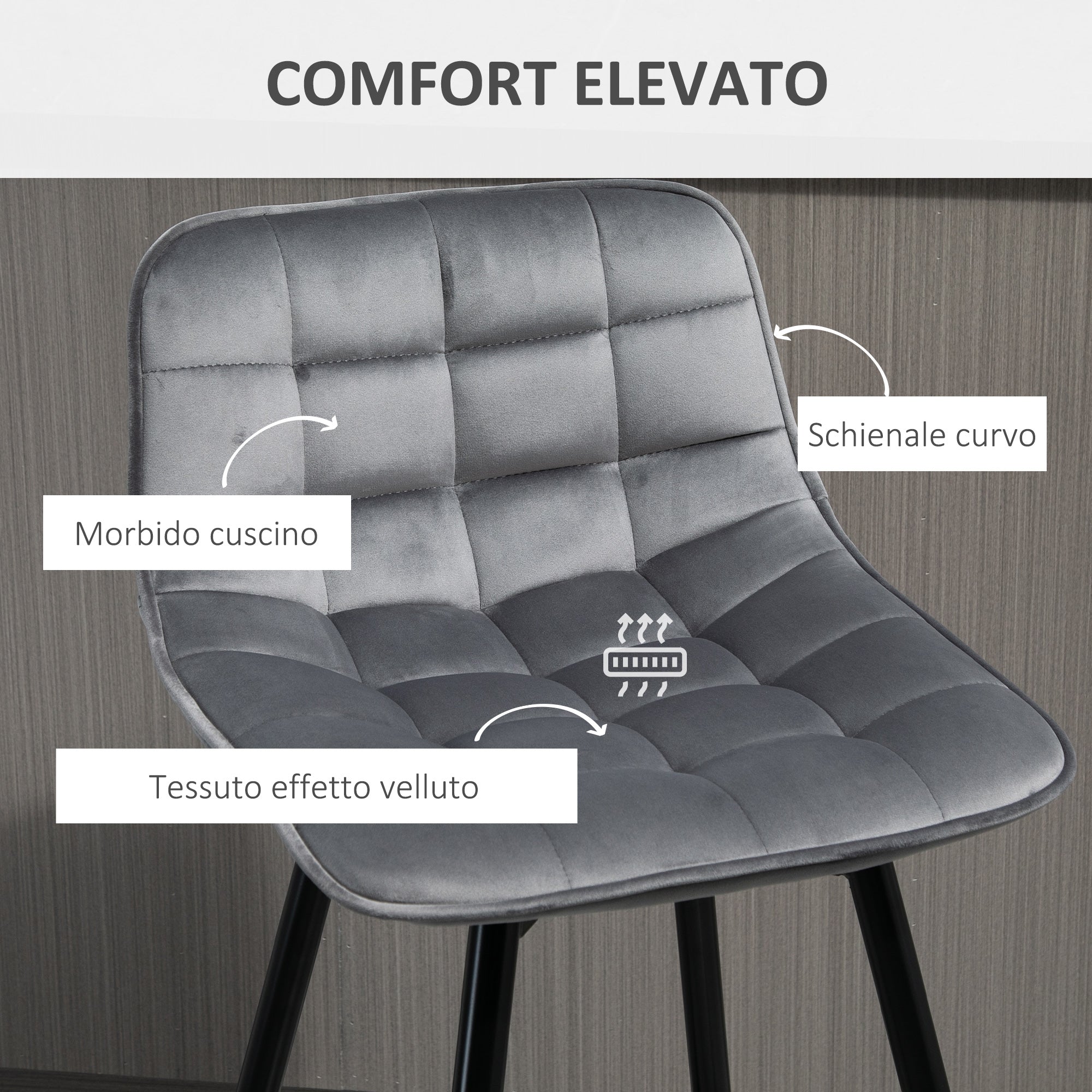 Set of 2 High Stools in Nordic Style with Backrest and Footrest, Stools with Velvet Effect Fabric and Metal, 45x47x88 cm, Gray