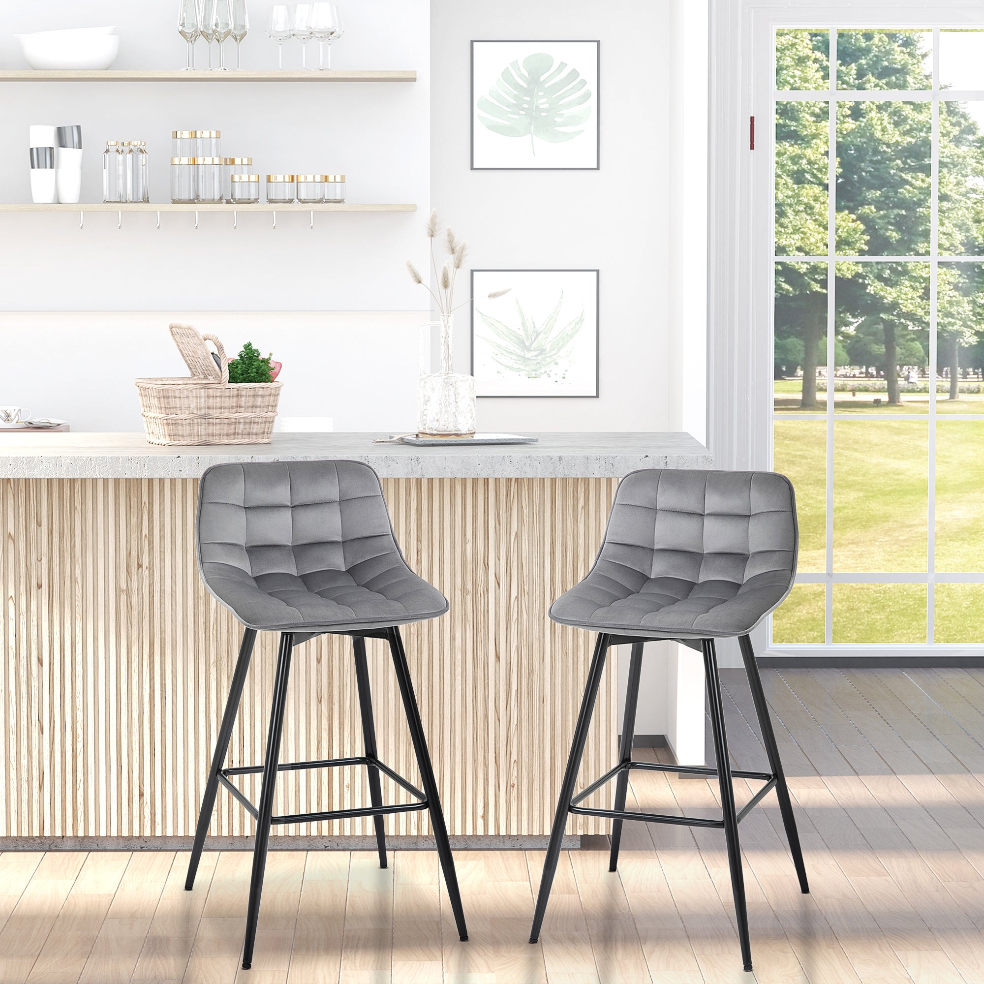 Set of 2 High Stools in Nordic Style with Backrest and Footrest, Stools with Velvet Effect Fabric and Metal, 45x47x88 cm, Gray
