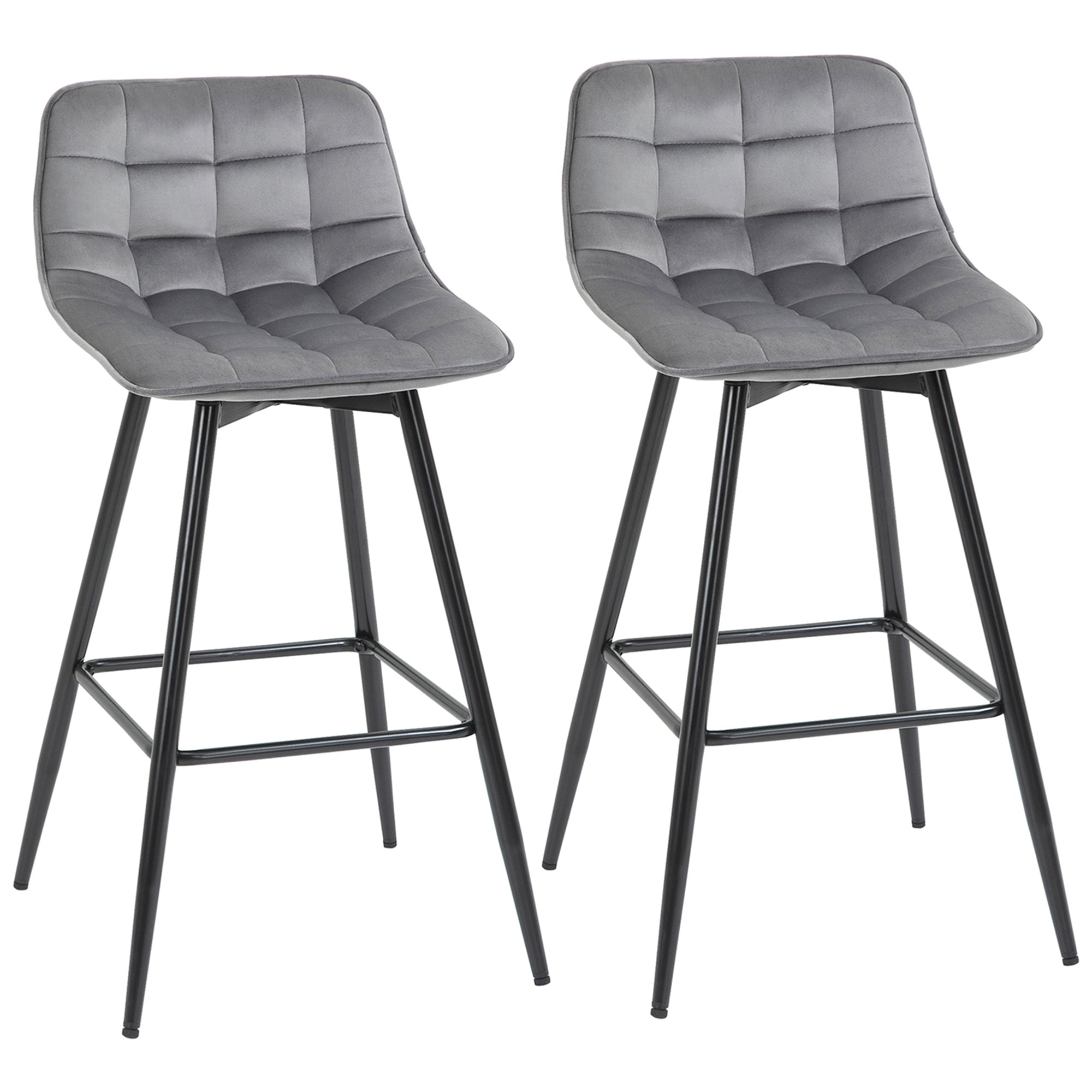 Set of 2 High Stools in Nordic Style with Backrest and Footrest, Stools with Velvet Effect Fabric and Metal, 45x47x88 cm, Gray