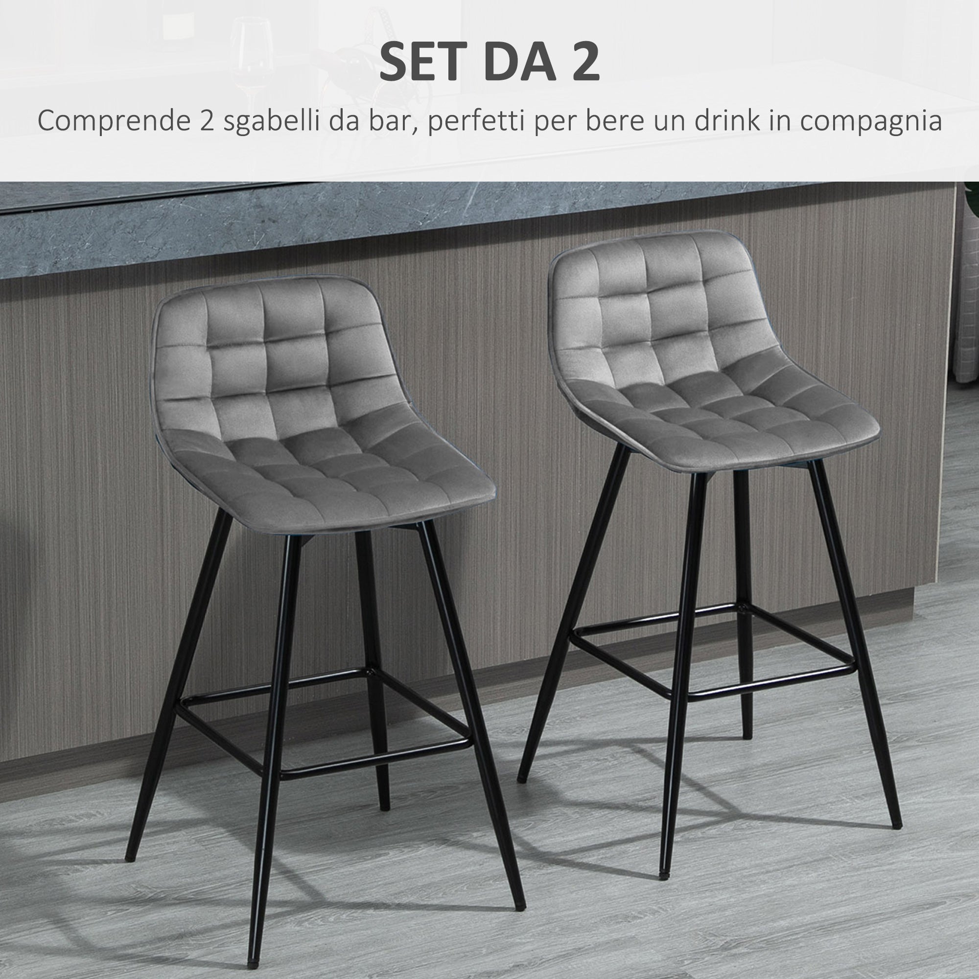 Set of 2 High Stools in Nordic Style with Backrest and Footrest, Stools with Velvet Effect Fabric and Metal, 45x47x88 cm, Gray