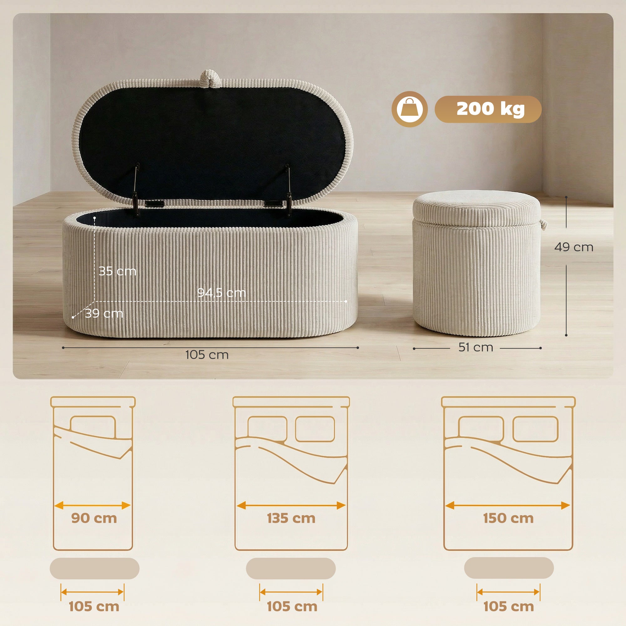 Upholstered Storage Bench with Corduroy Stripe – 41.3 x 20.1 x 19.3 in, Hidden Storage Ottoman, 441 lb Capacity, Beige