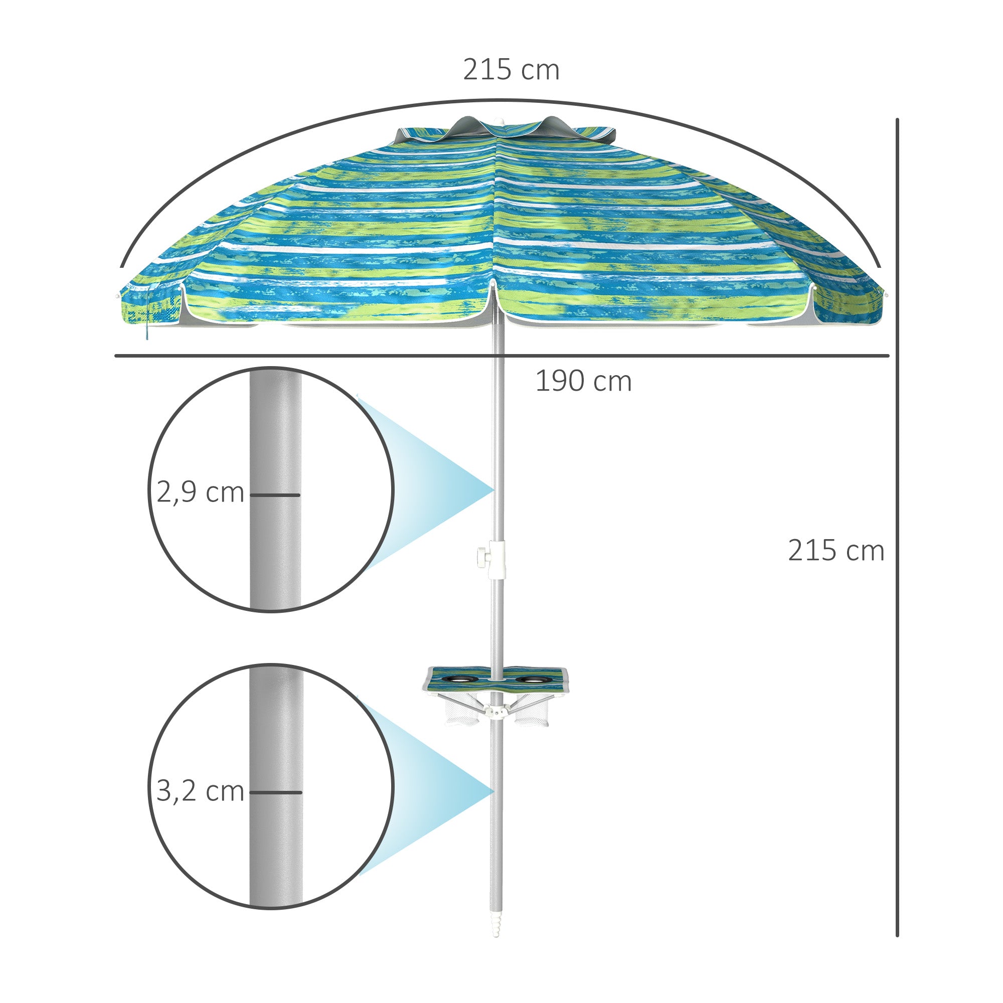 Beach Umbrella Ø190x215 cm Patio Umbrella with 45° Tilt Adjustable Height Table with Cup Holders Anti-UV Waterproof Carry Bag for Garden Pool Multicolor