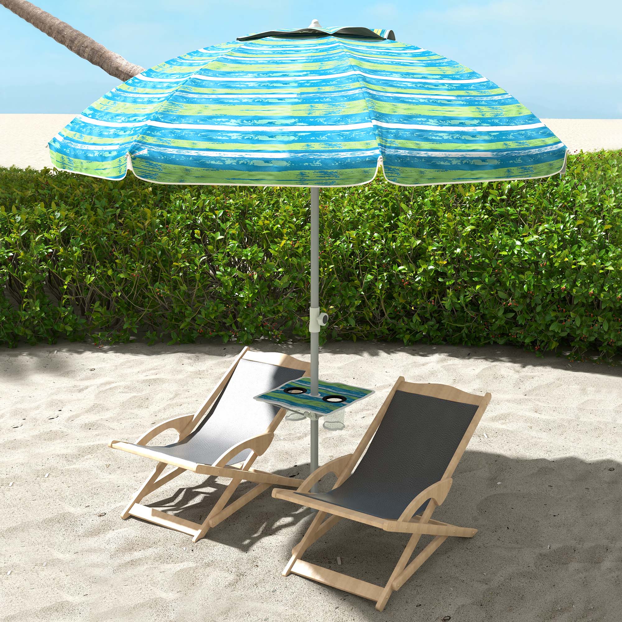 Beach Umbrella Ø190x215 cm Patio Umbrella with 45° Tilt Adjustable Height Table with Cup Holders Anti-UV Waterproof Carry Bag for Garden Pool Multicolor