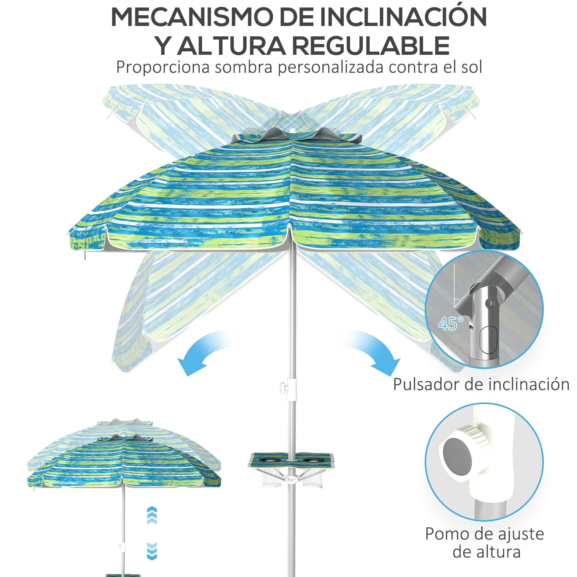 Beach Umbrella Ø190x215 cm Patio Umbrella with 45° Tilt Adjustable Height Table with Cup Holders Anti-UV Waterproof Carry Bag for Garden Pool Multicolor