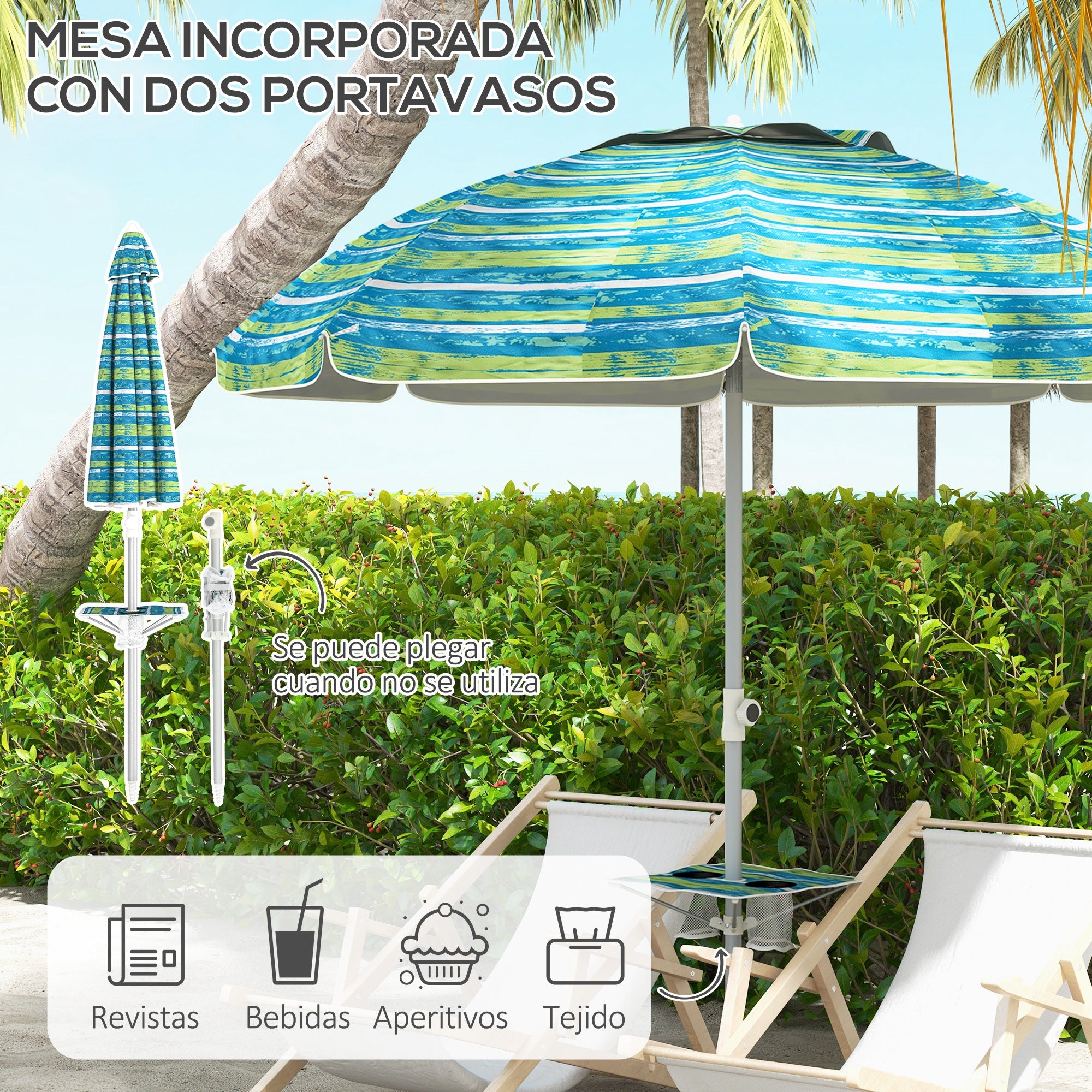 Beach Umbrella Ø190x215 cm Patio Umbrella with 45° Tilt Adjustable Height Table with Cup Holders Anti-UV Waterproof Carry Bag for Garden Pool Multicolor