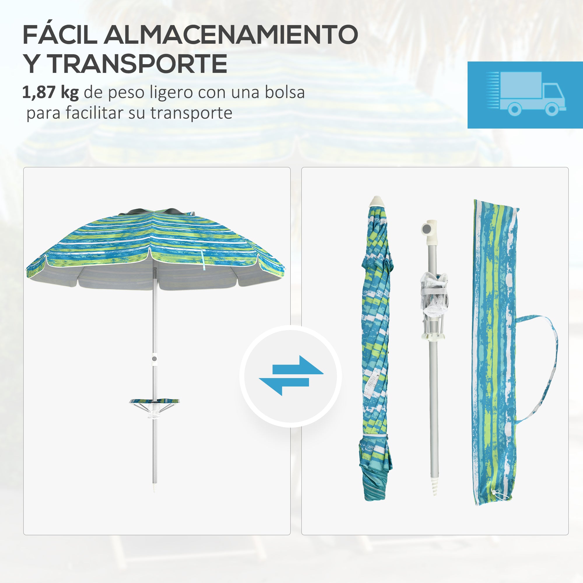 Beach Umbrella Ø190x215 cm Patio Umbrella with 45° Tilt Adjustable Height Table with Cup Holders Anti-UV Waterproof Carry Bag for Garden Pool Multicolor