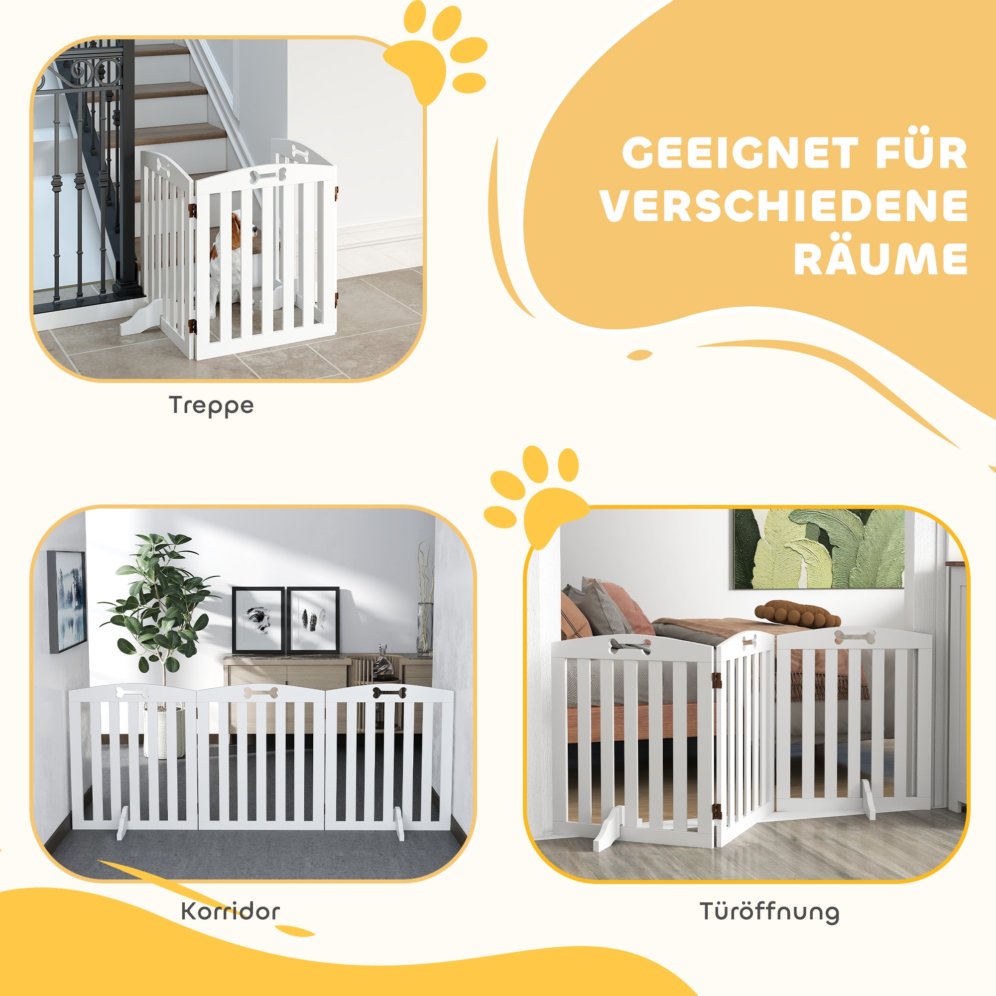Dog Barrier 3-piece, 155 x 61 cm Foldable Door Guard with 2 Support Feet, Freestanding Dog Gate, Stair Gate for Medium Dogs, for Hallway, Stairs, White