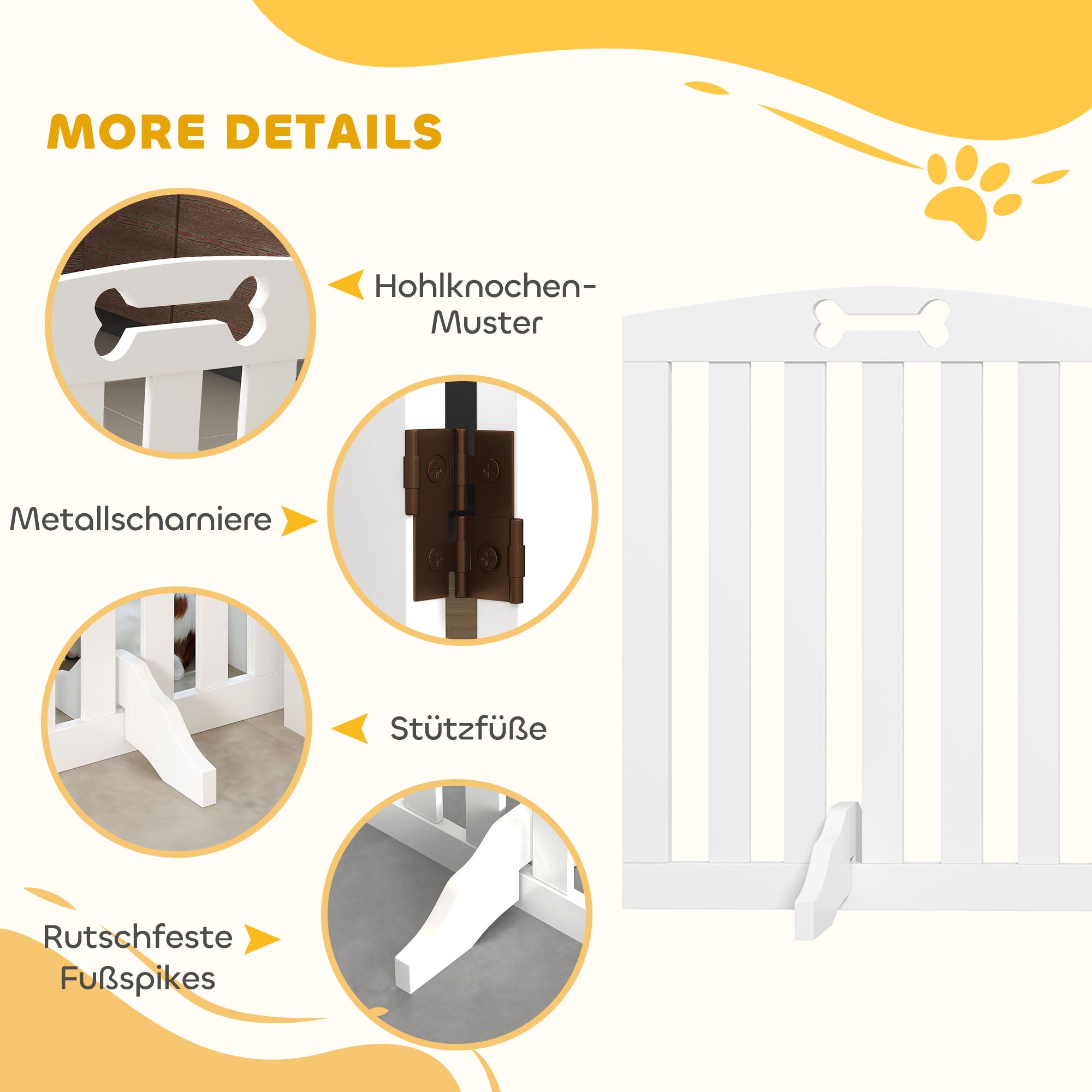 Dog Barrier 3-piece, 155 x 61 cm Foldable Door Guard with 2 Support Feet, Freestanding Dog Gate, Stair Gate for Medium Dogs, for Hallway, Stairs, White