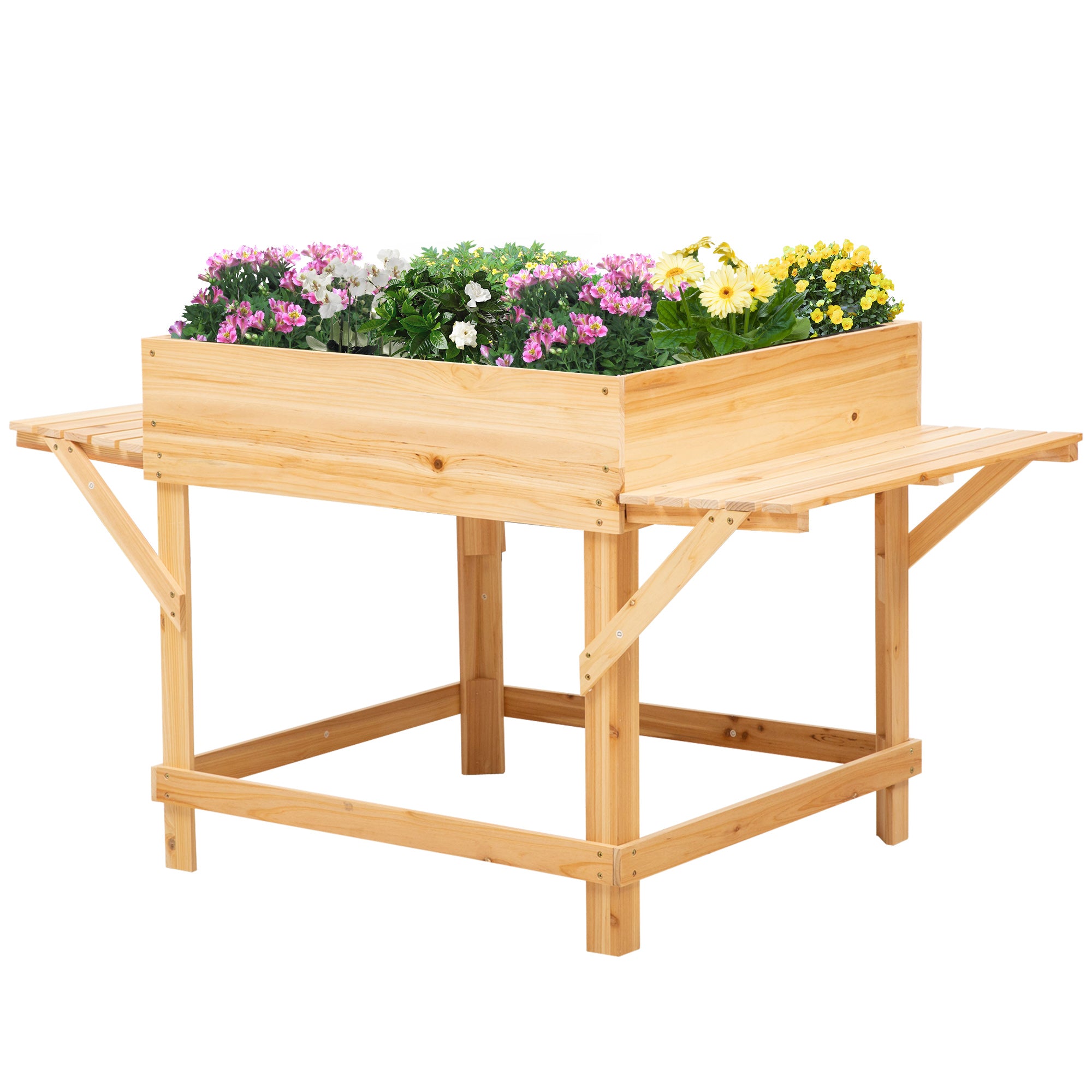 Rectangular Raised Planter with Side Shelves and Non-woven Fabric Cover 130 x 75 x 75 cm Natural