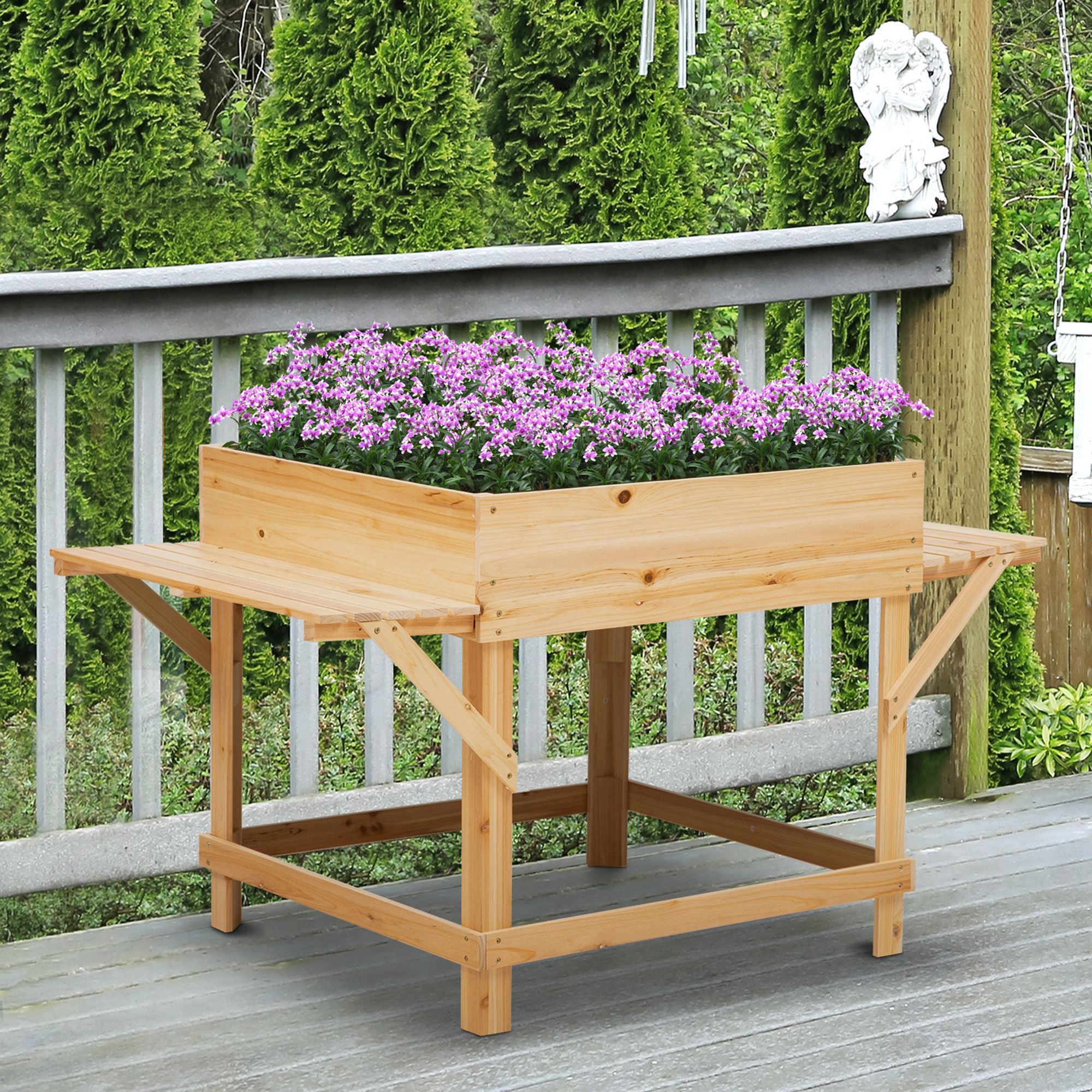 Rectangular Raised Planter with Side Shelves and Non-woven Fabric Cover 130 x 75 x 75 cm Natural