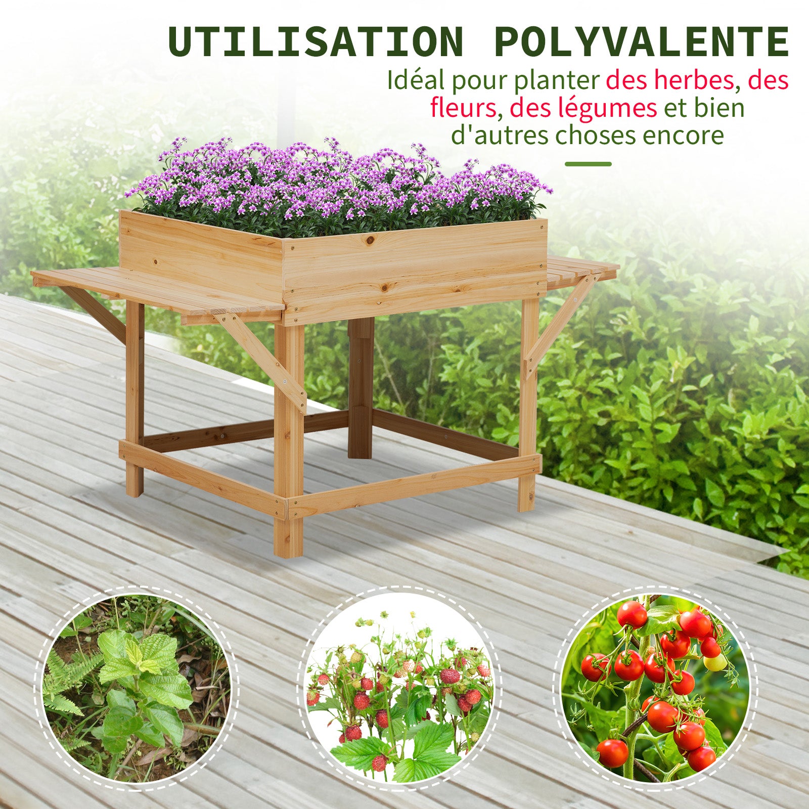 Rectangular Raised Planter with Side Shelves and Non-woven Fabric Cover 130 x 75 x 75 cm Natural