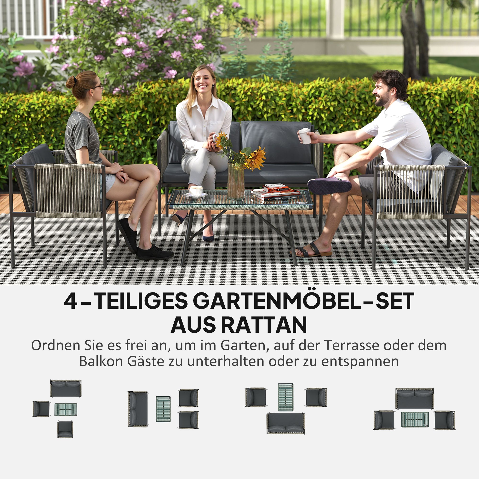 Garden Furniture Set made of Poly Rattan Lounge Set with 2-Seater Sofa Armchair Glass Table Cushions Weatherproof Balcony Furniture for 4 People Outdoor Seating Group Patio Furniture for Garden Balcony Gray