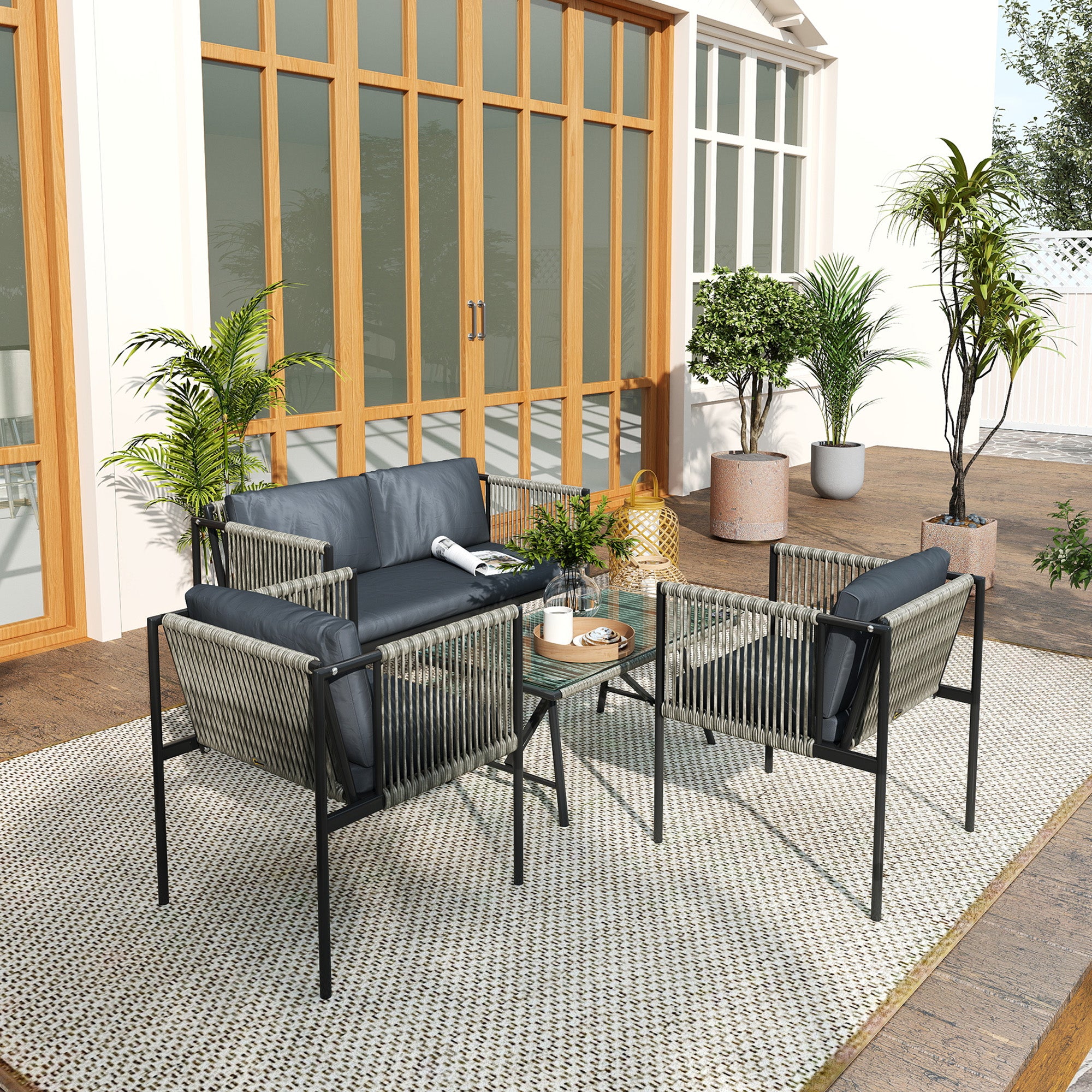 Garden Furniture Set made of Poly Rattan Lounge Set with 2-Seater Sofa Armchair Glass Table Cushions Weatherproof Balcony Furniture for 4 People Outdoor Seating Group Patio Furniture for Garden Balcony Gray