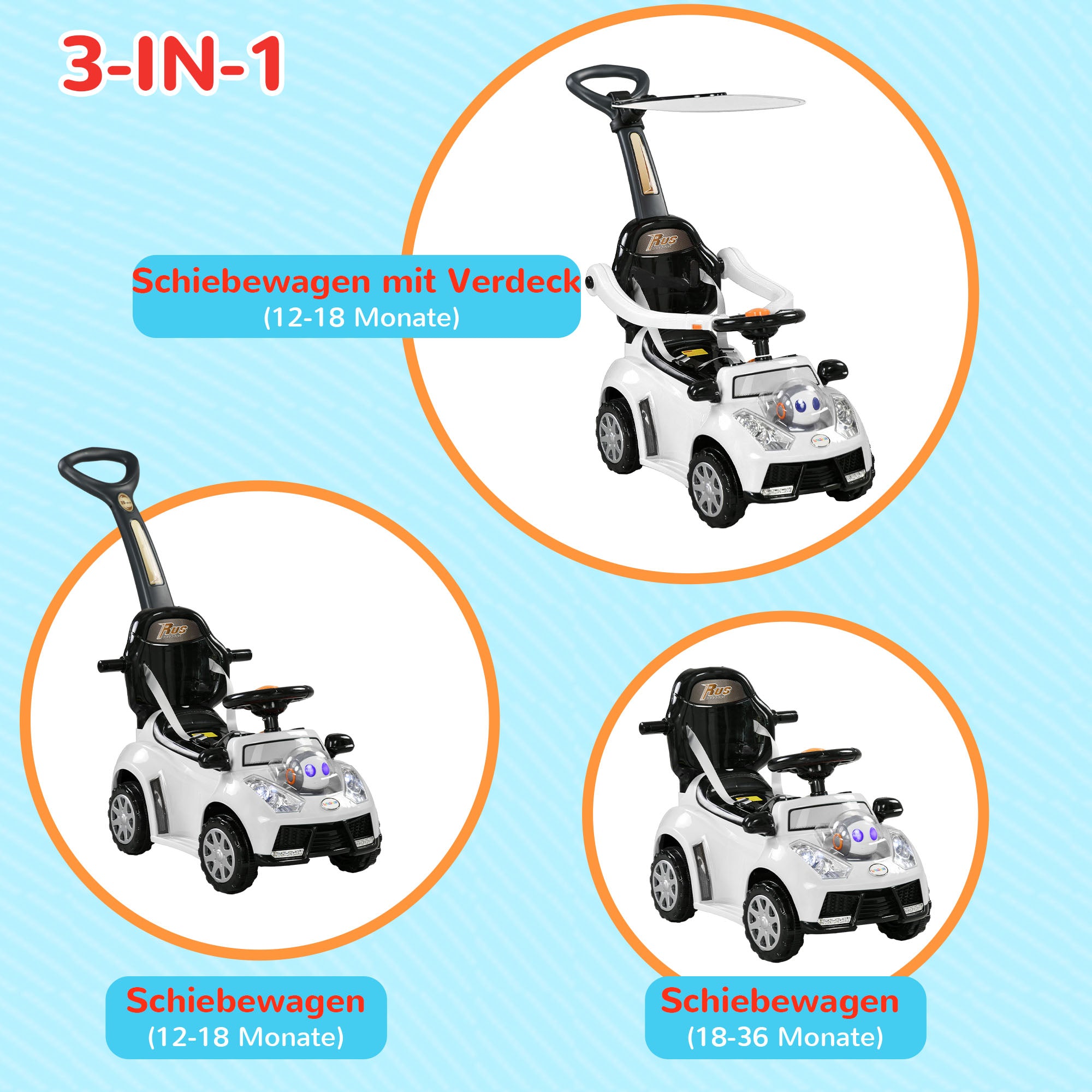 Slide Car Slider Children's Car Kid's Vehicle Push and Handlebar with Backrest Protective Bar, Walking aid for Children 12-36 Months White+Black