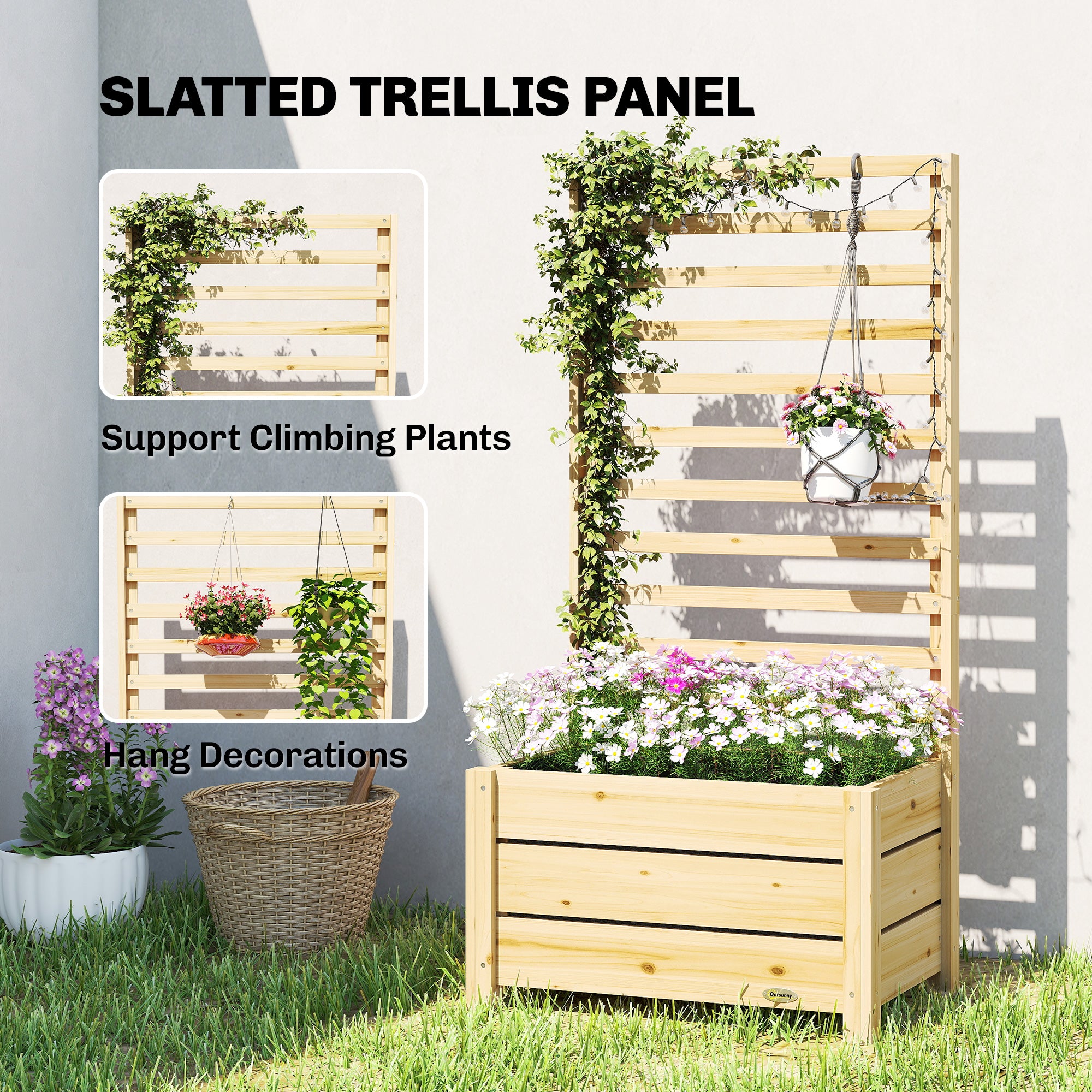 Raised Planter with Trellis — Natural Spruce Wood, Drainage Hole, Non-Woven Liner, 60 x 39 x 120 cm (23.6 x 15.4 x 47.2 in)