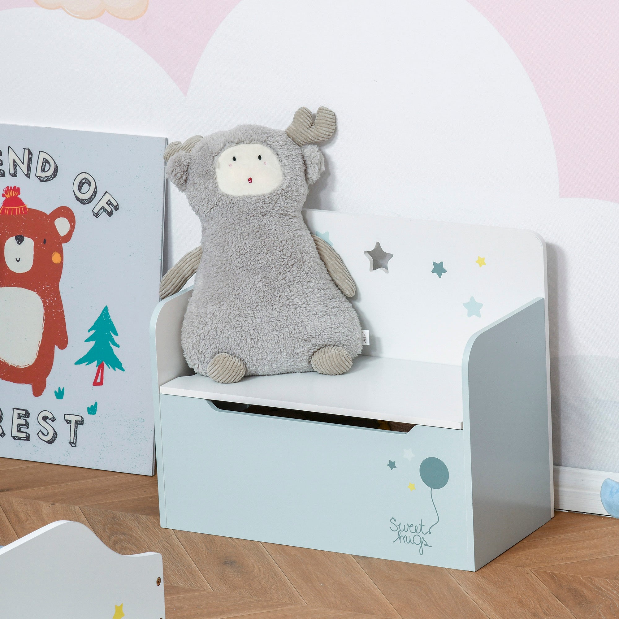 Kids 2-in-1 Wooden Storage Bench with Backrest for Children 3-6 Years Old, 60x30x50 cm, Light Blue