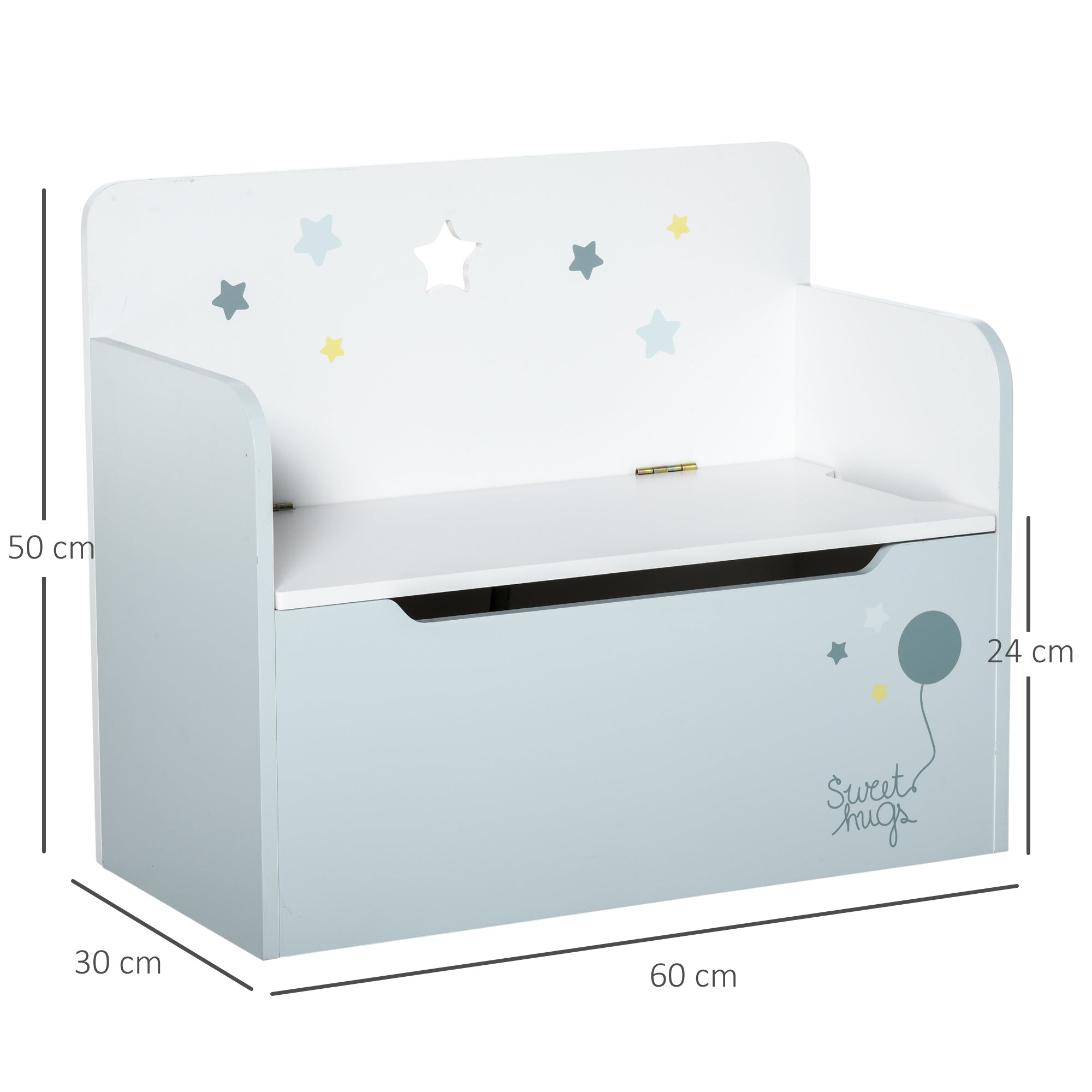 Kids 2-in-1 Wooden Storage Bench with Backrest for Children 3-6 Years Old, 60x30x50 cm, Light Blue