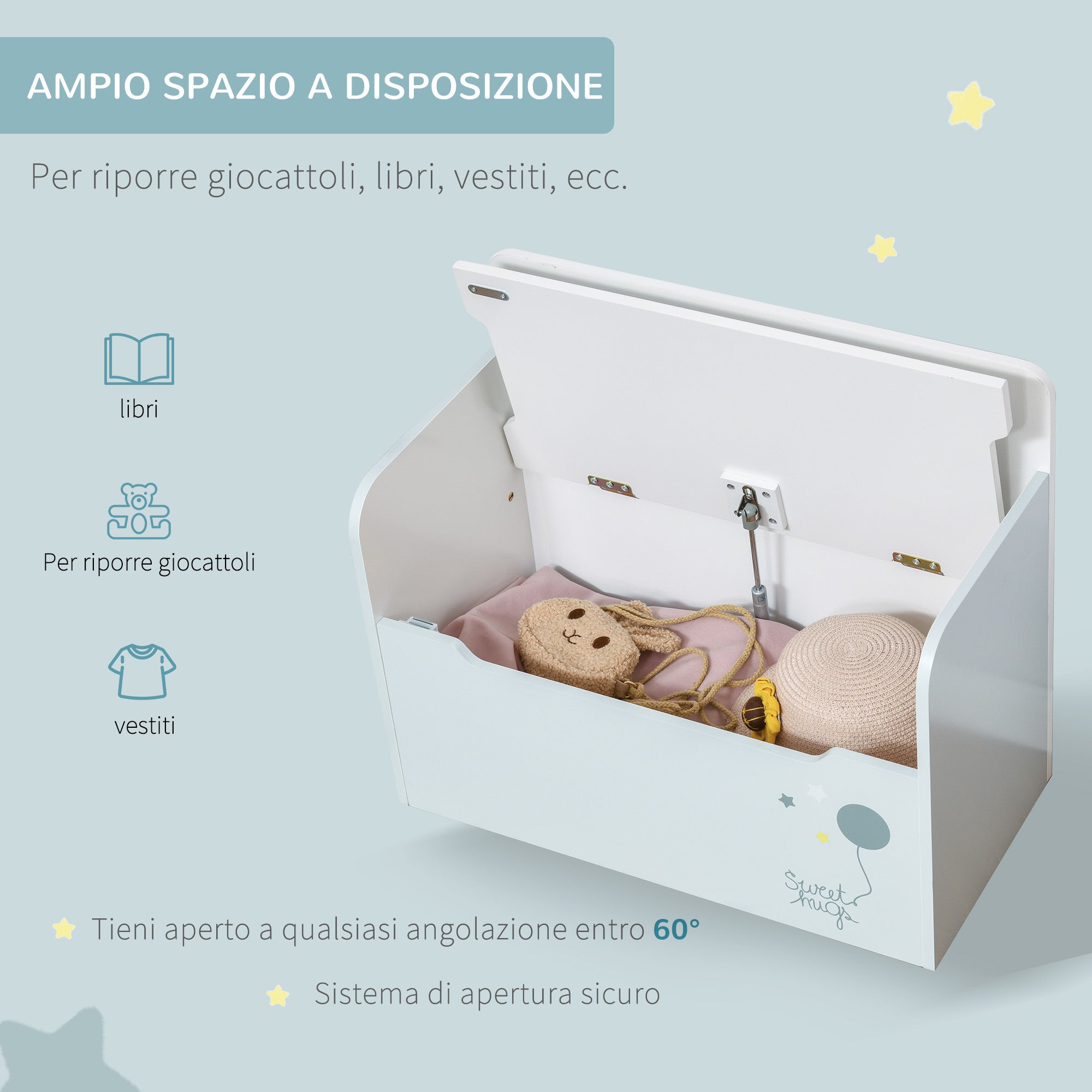 Kids 2-in-1 Wooden Storage Bench with Backrest for Children 3-6 Years Old, 60x30x50 cm, Light Blue