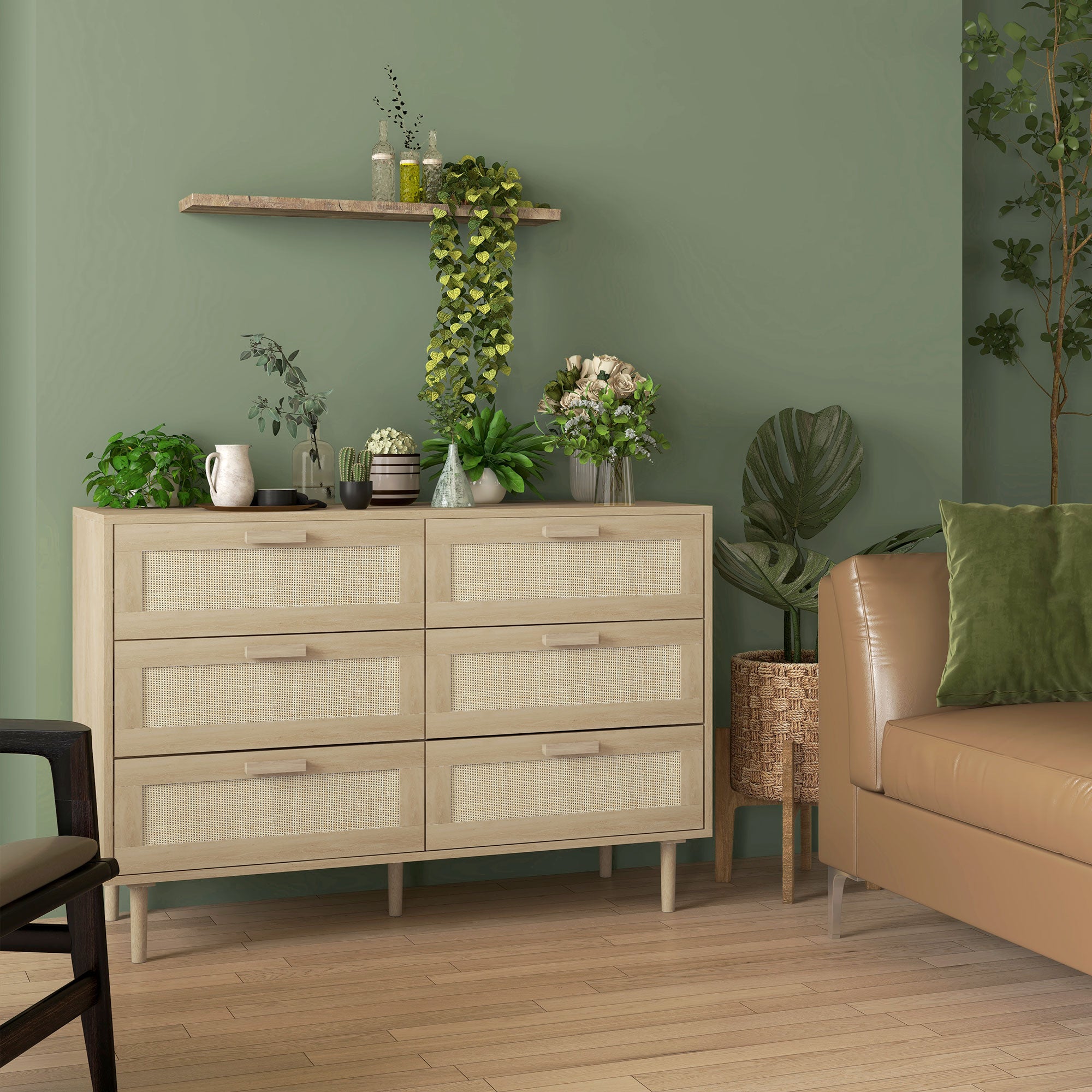 6-Drawer Chest Storage Unit with Wicker Weave Dimensions 110L x 40W x 75H cm Light Wood Look