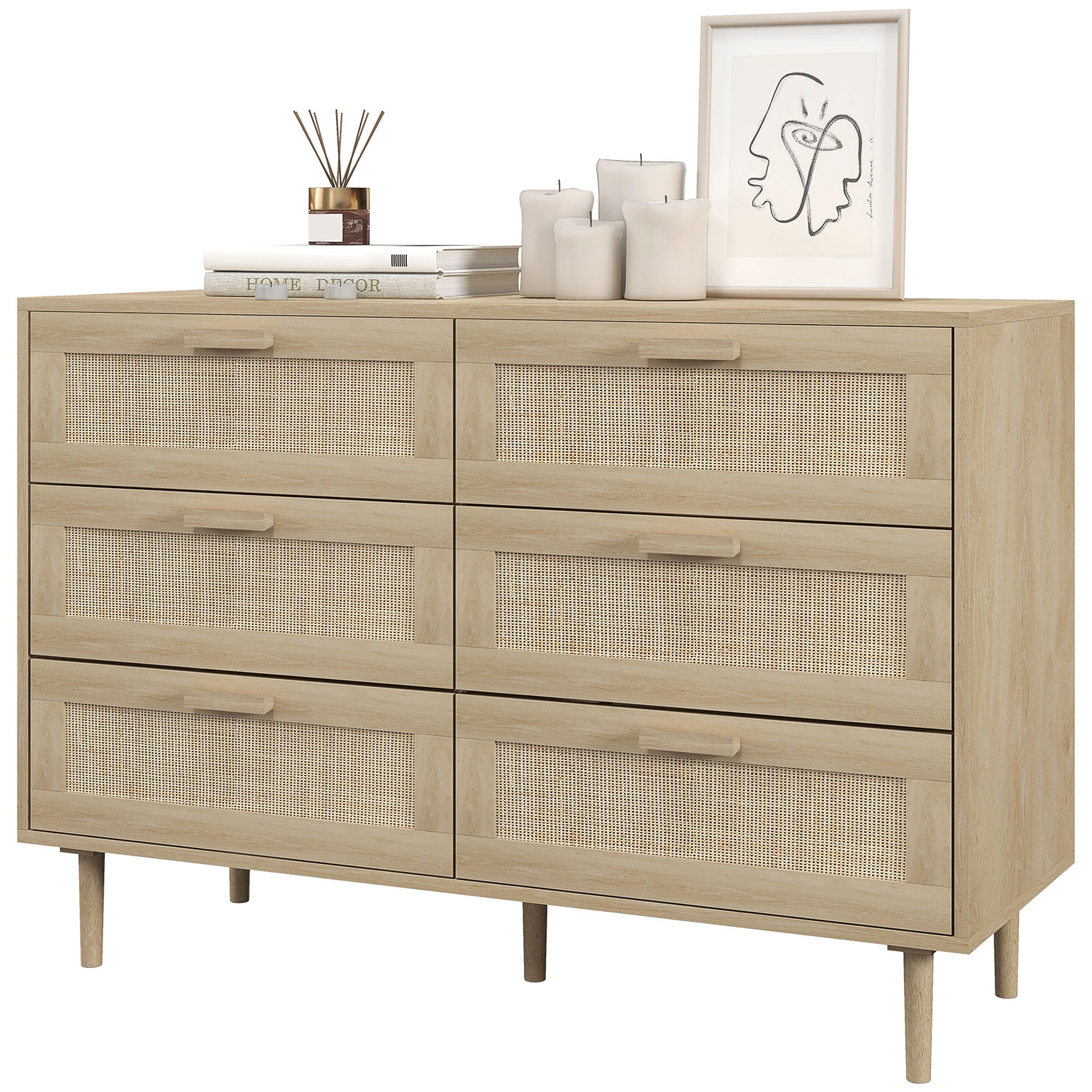 6-Drawer Chest Storage Unit with Wicker Weave Dimensions 110L x 40W x 75H cm Light Wood Look