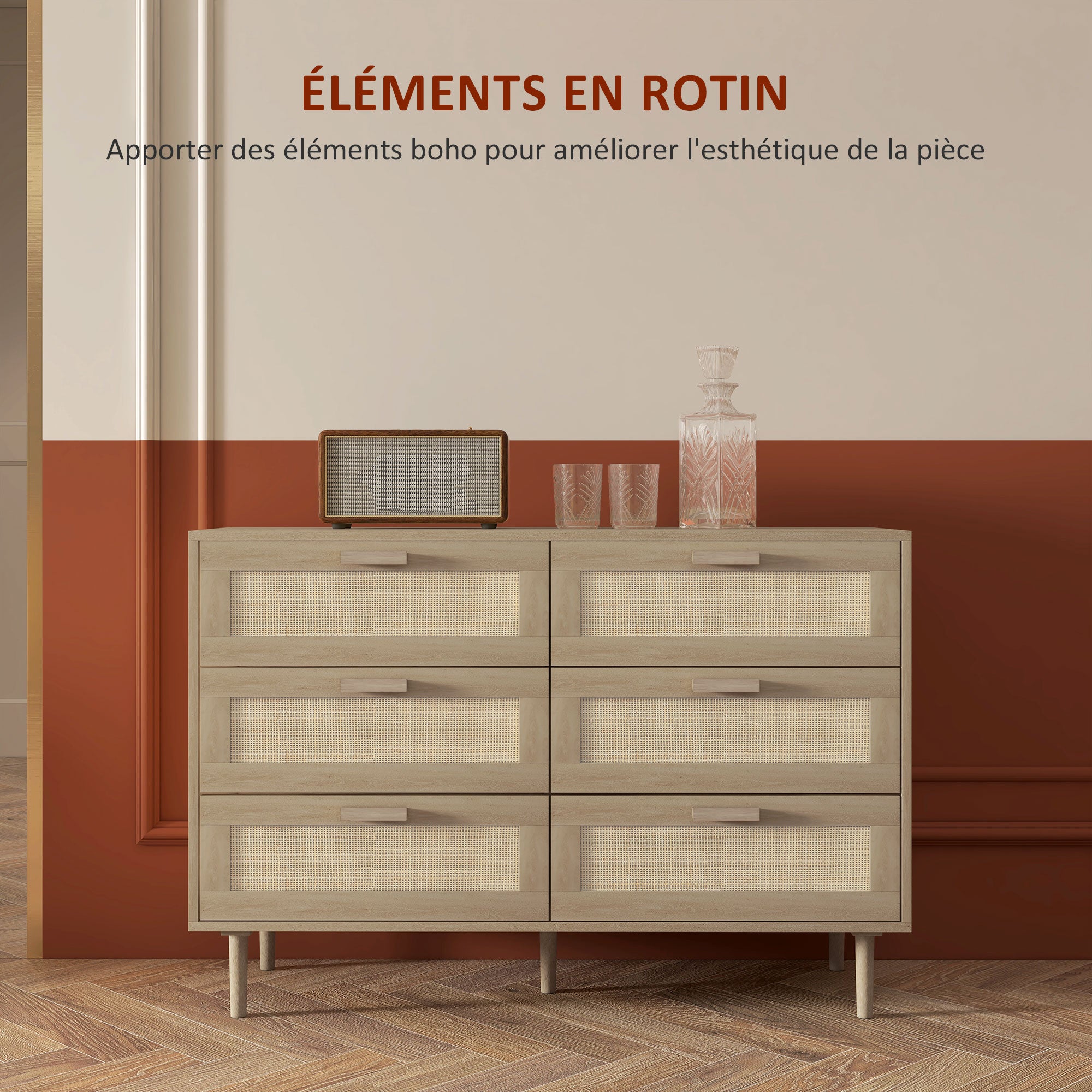 6-Drawer Chest Storage Unit with Wicker Weave Dimensions 110L x 40W x 75H cm Light Wood Look