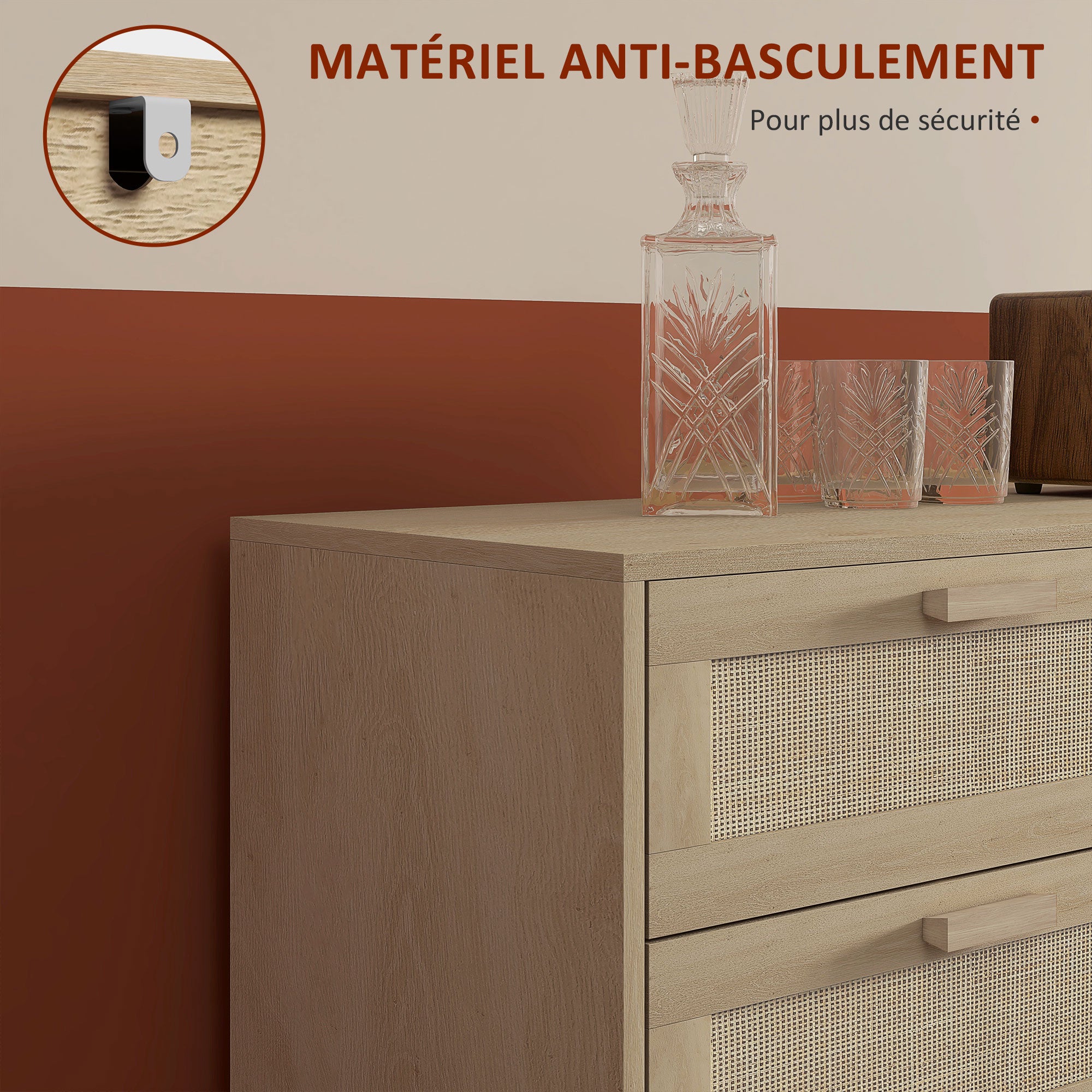 6-Drawer Chest Storage Unit with Wicker Weave Dimensions 110L x 40W x 75H cm Light Wood Look