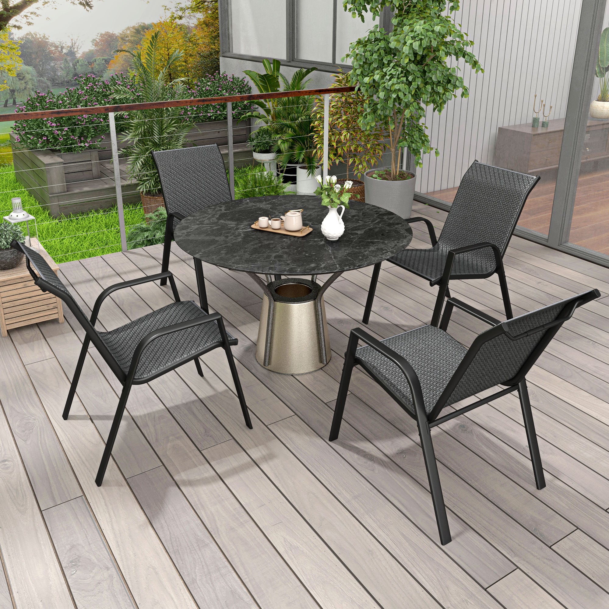 Set of 4 Stackable Garden Chairs, Outdoor Armchairs with Armrests and Gray Rattan Effect Wicker Coating