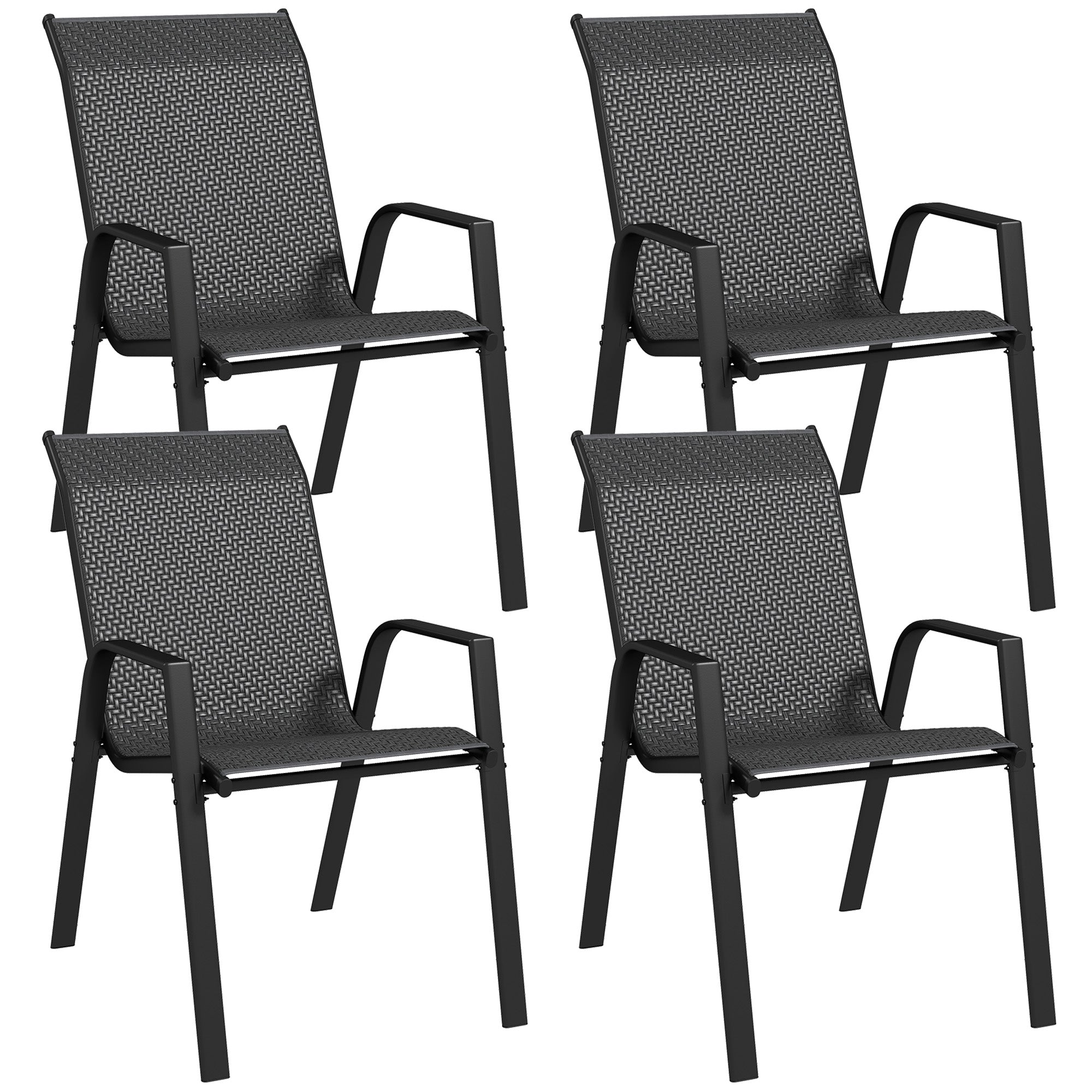 Set of 4 Stackable Garden Chairs, Outdoor Armchairs with Armrests and Gray Rattan Effect Wicker Coating