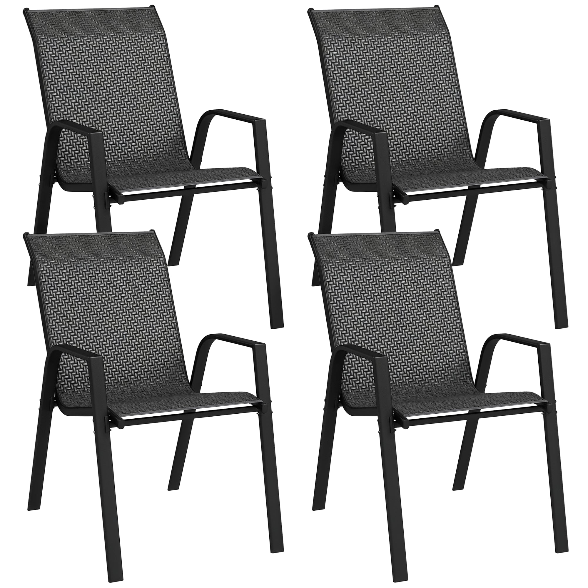 Set of 4 Stackable Garden Chairs, Outdoor Armchairs with Armrests and Gray Rattan Effect Wicker Coating
