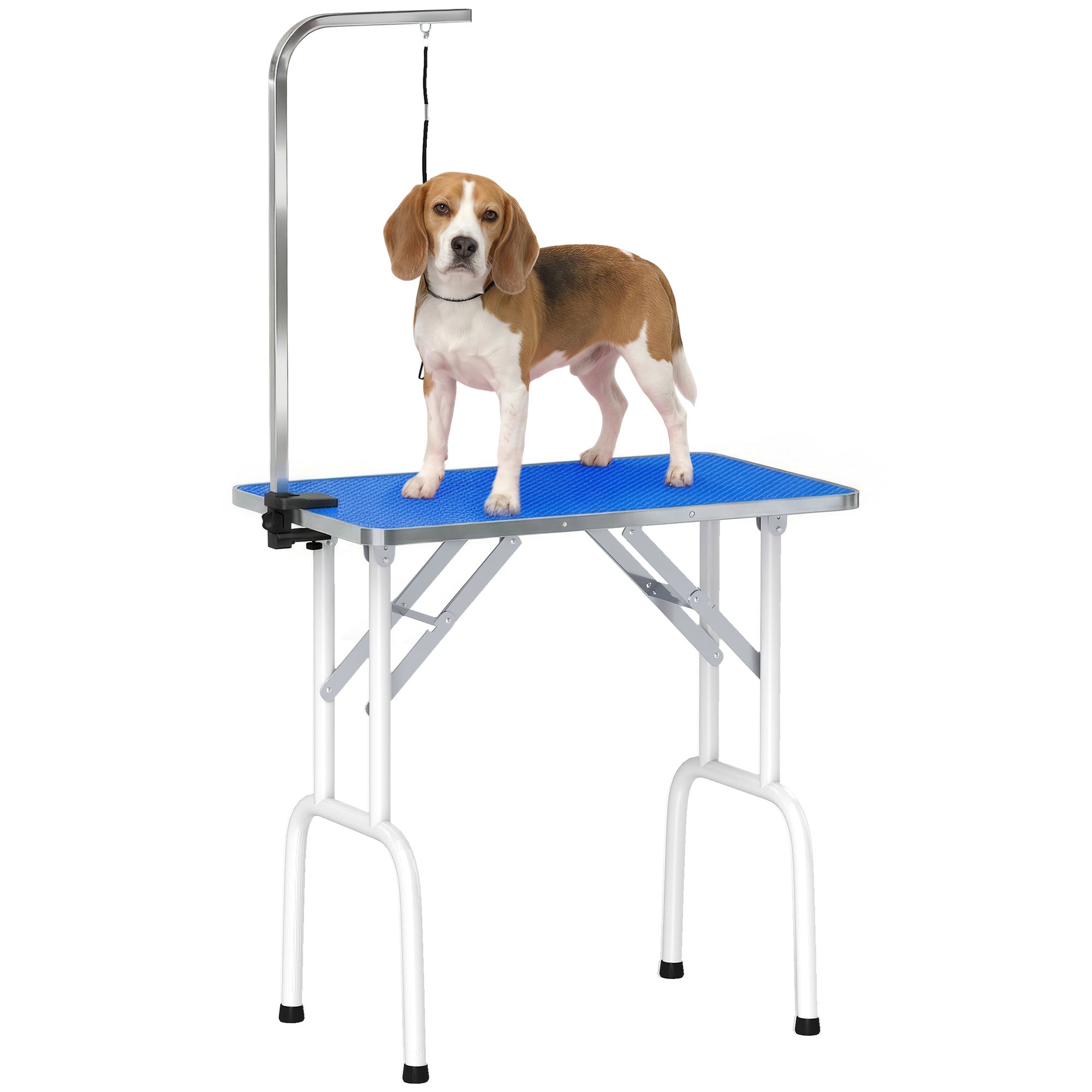 Folding Dog Grooming Table, Non-Slip Top, Adjustable Stainless Steel Arm, for Small & Medium Dogs, 32 x 19 x 31.5 in, Blue