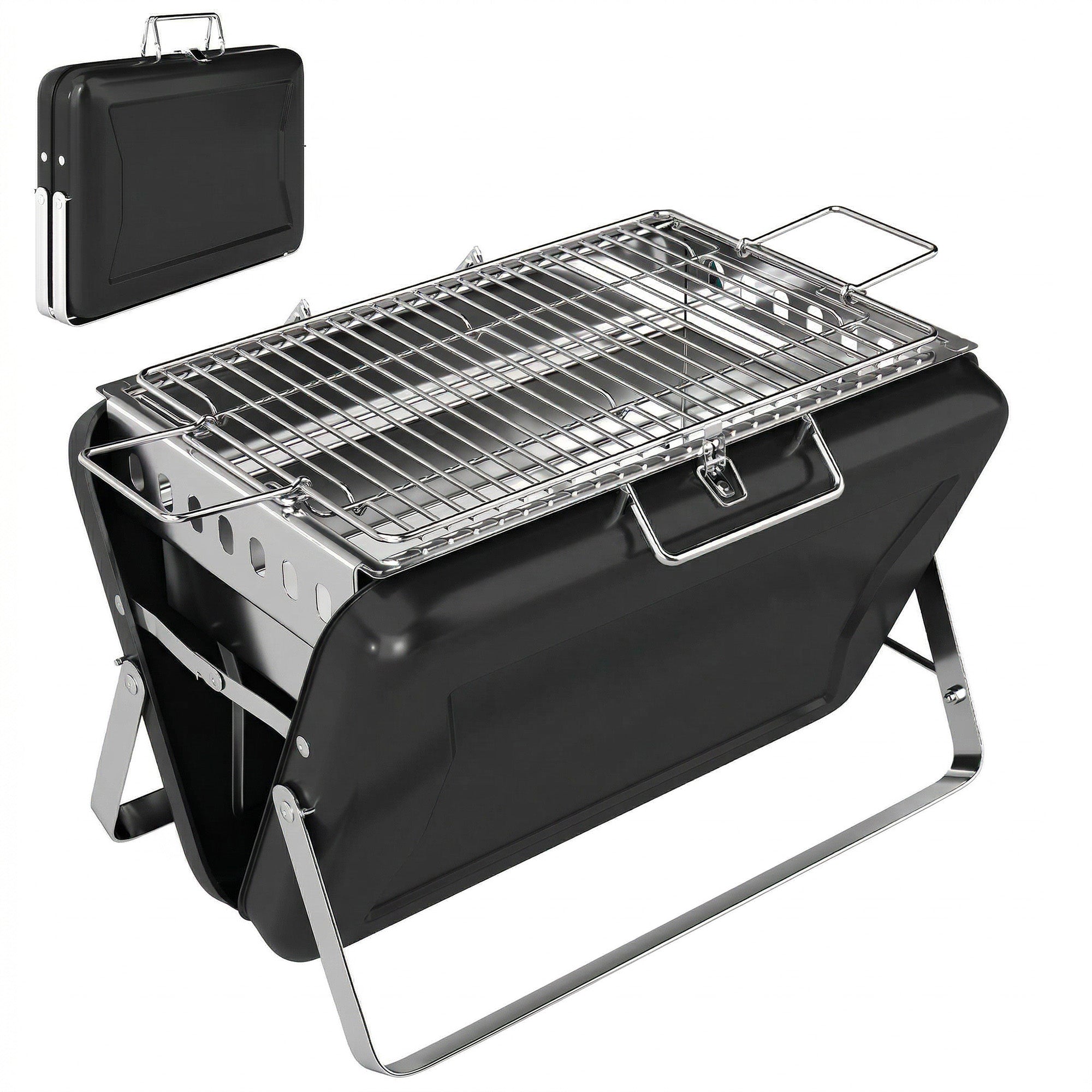 Stainless Steel Charcoal BBQ Smoker with Cooking Grate — Portable Carry Handle, Folding Legs, Charcoal Stand Grill for Barbecue, Camping, Patio & Garden, 15.7 x 11.0 x 10.0 in, Black