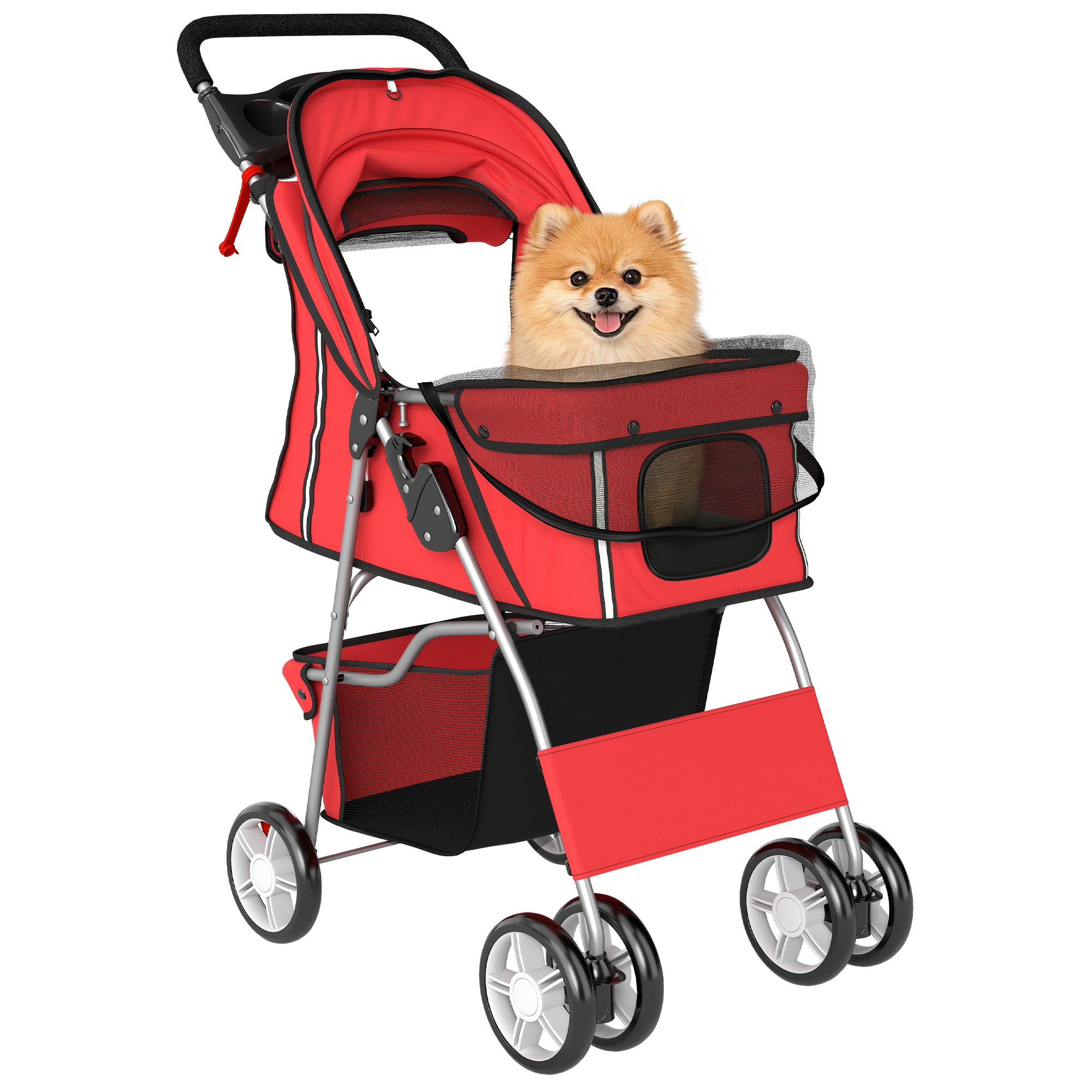 Foldable Pet Stroller for Small Dogs & Cats — Up to 22 lb, 360° Swivel Wheels, Brakes, Reflective Strips, Storage Basket, Washable Cushion, Cup Holder, Red