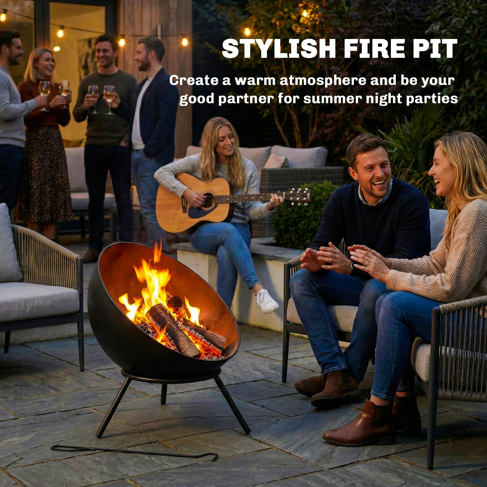 Fire Bowl 23.6 x 20.9 x 26.0 in (60 x 53 x 66 cm) Adjustable Fire Pit with Poker, Charcoal Grate & Stand – Garden, Balcony, Patio, Outdoor BBQ & Camping – Black