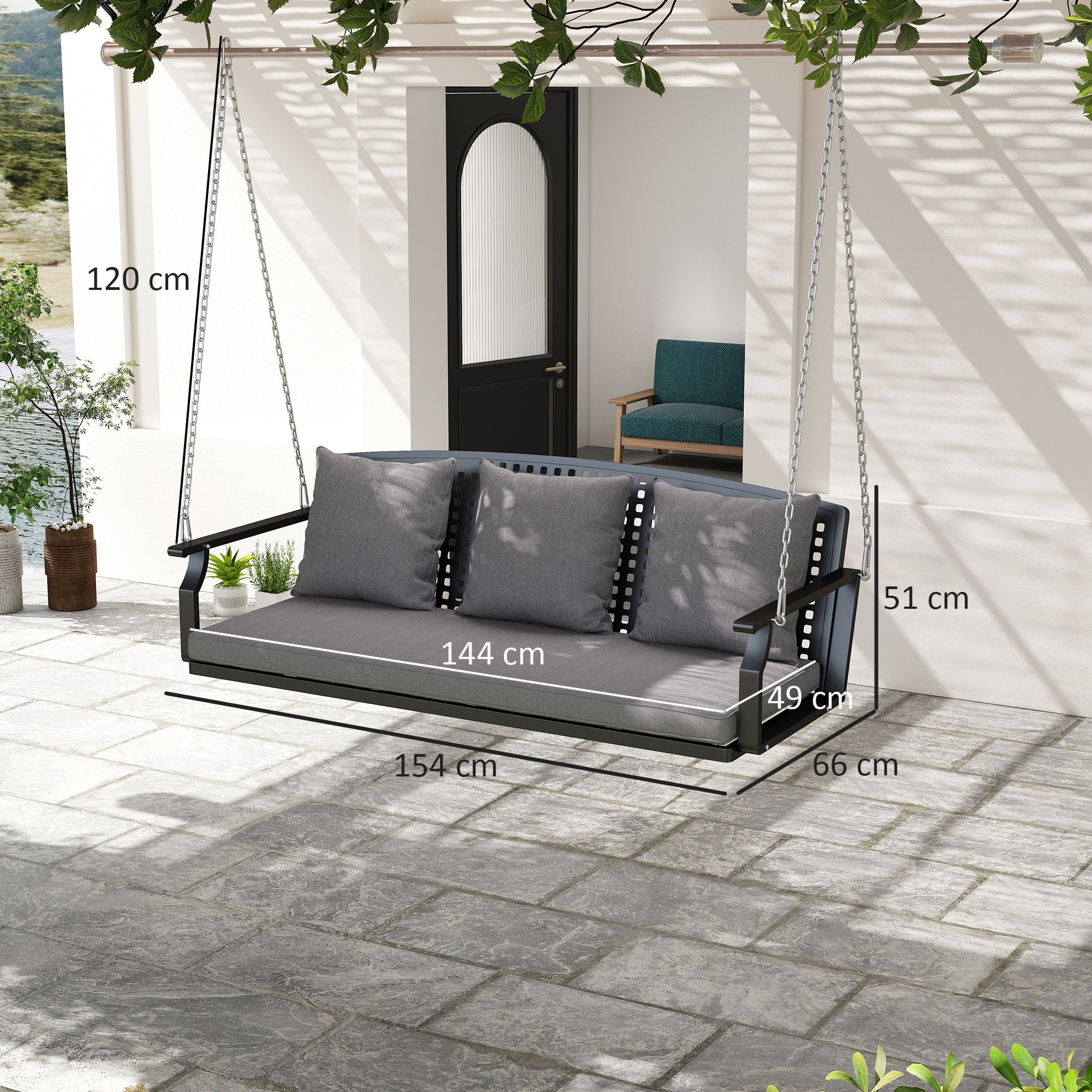 3-Seater Hanging Bench – Steel Porch Swing with 3 Back Cushions, Weather-Resistant, Holds up to 794 lb, Gray (60.6 x 26.0 x 20.1 in)