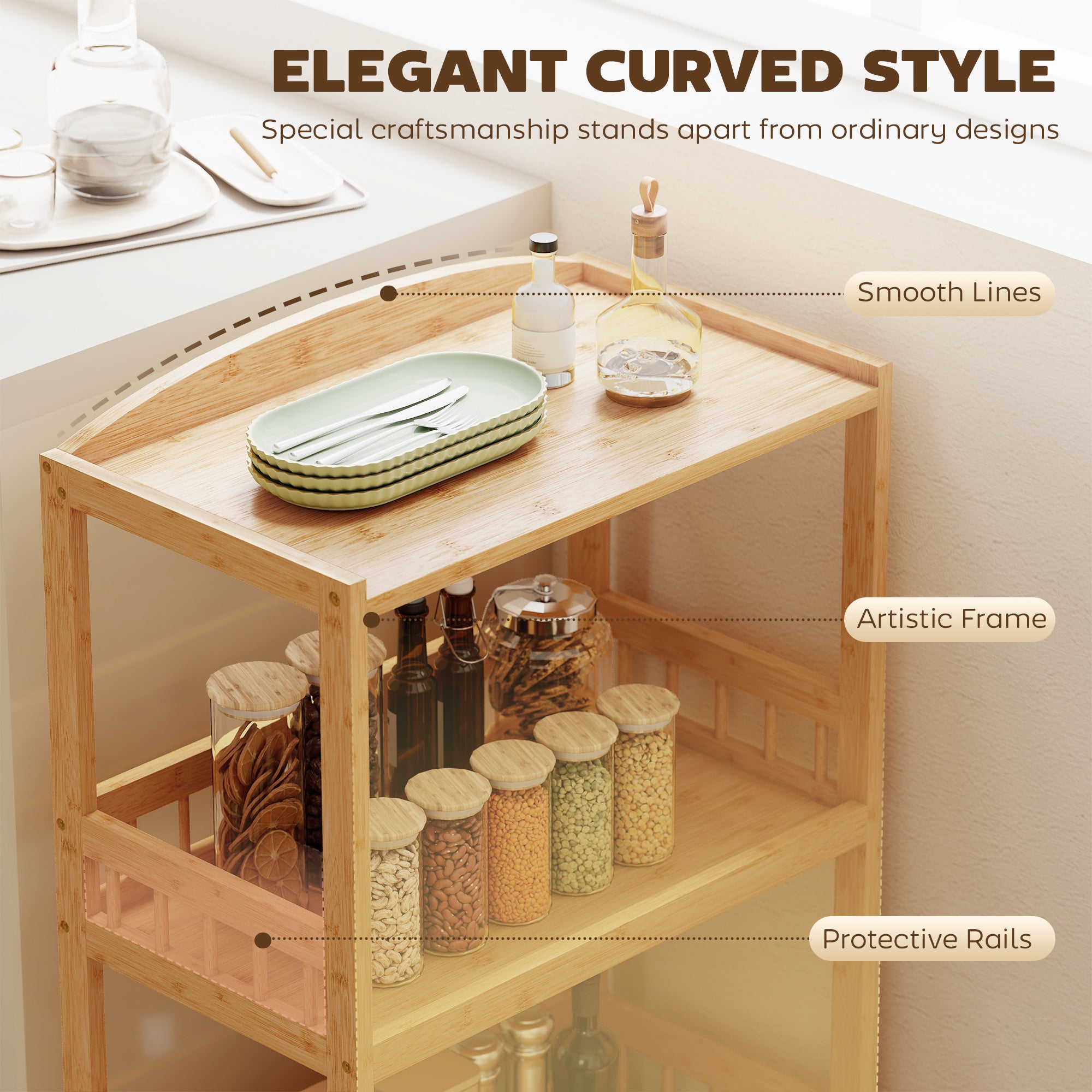 3-Tier Rolling Kitchen Cart — Bamboo Serving Trolley with Storage Shelves on Wheels, All-Purpose Rolling Cart for Kitchen, Bathroom, Office & Living Room, Natural Wood