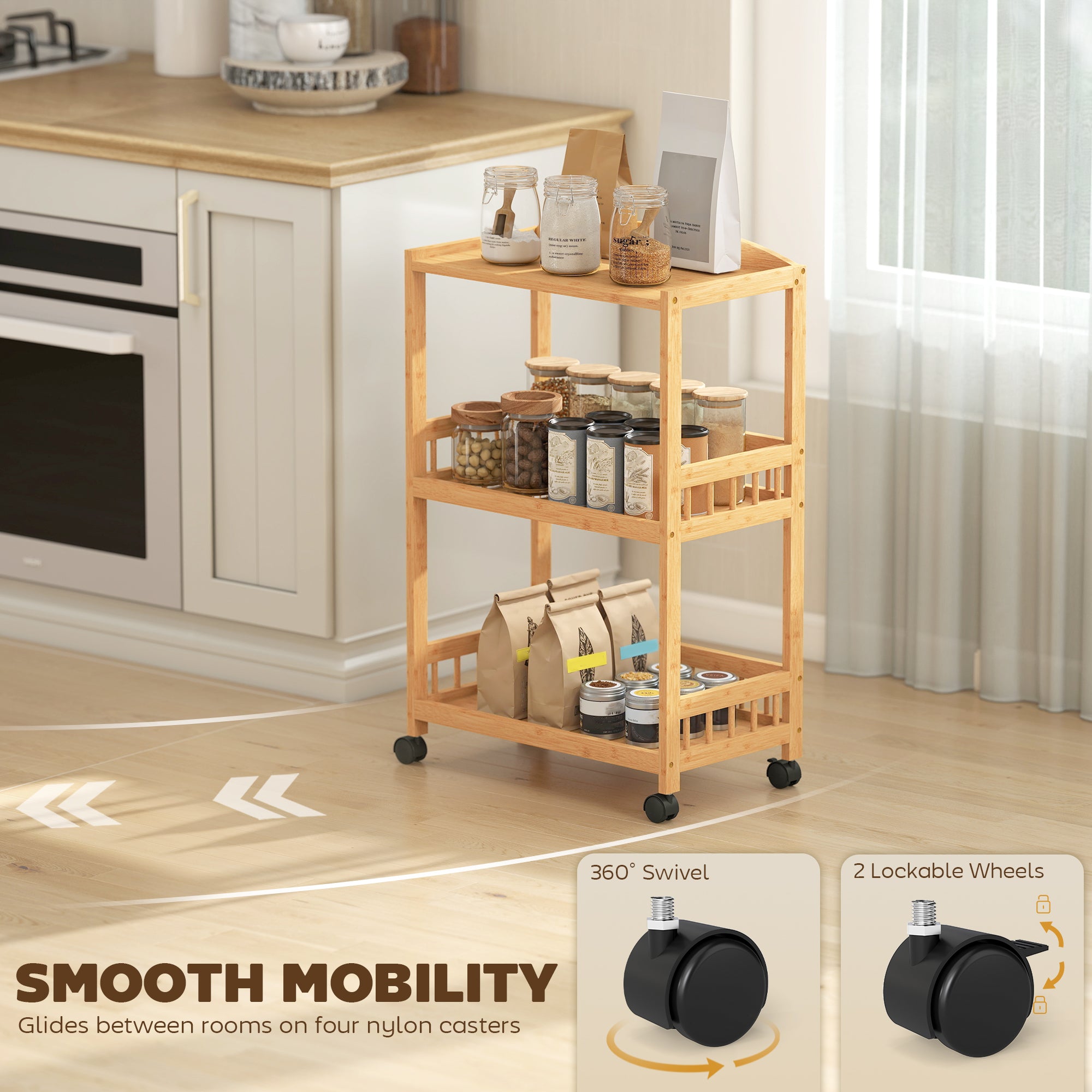 3-Tier Rolling Kitchen Cart — Bamboo Serving Trolley with Storage Shelves on Wheels, All-Purpose Rolling Cart for Kitchen, Bathroom, Office & Living Room, Natural Wood