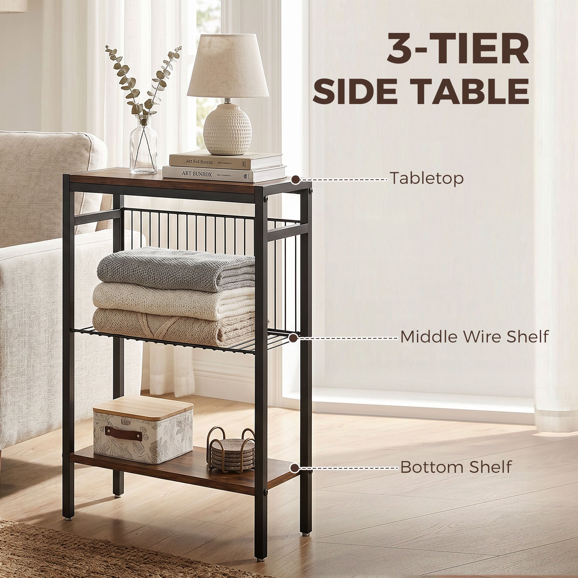 3-Shelf Side Table – Small Coffee/End Table with Metal Frame, Rustic Brown