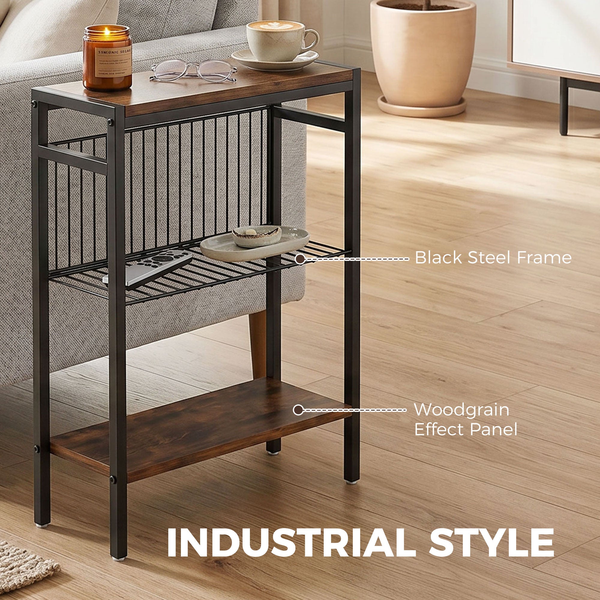 3-Shelf Side Table – Small Coffee/End Table with Metal Frame, Rustic Brown