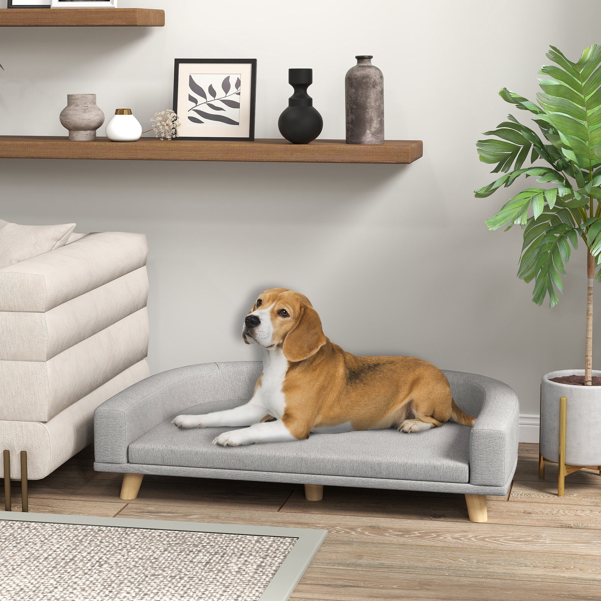 Dog Sofa, Dog Bed, Dog Couch with Elevated Design, Pet Sofa with Cushion, Dog Armchair with Wooden Legs, Cat Sofa for Large Dogs, 98 x 67 x 25 cm, Gray
