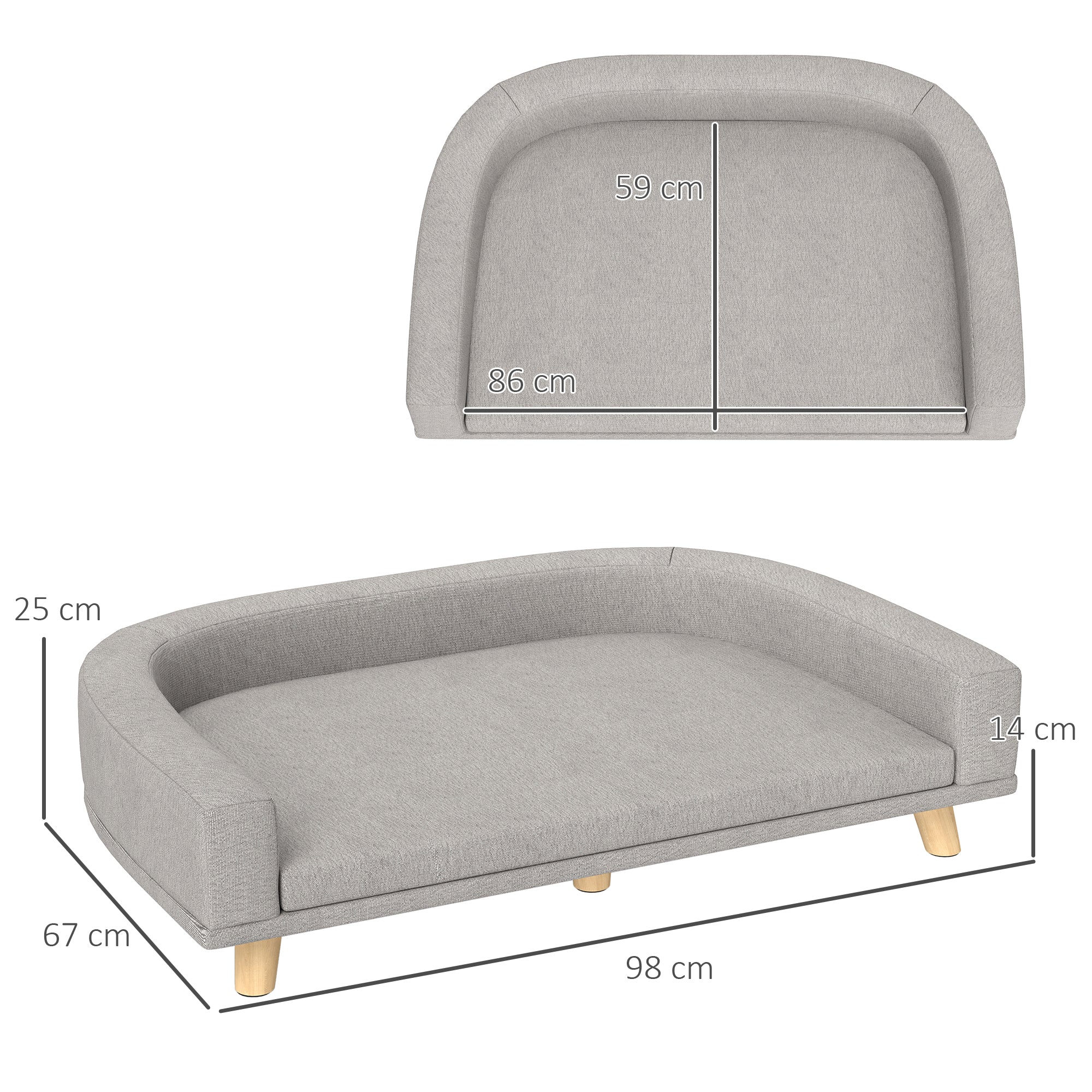 Dog Sofa, Dog Bed, Dog Couch with Elevated Design, Pet Sofa with Cushion, Dog Armchair with Wooden Legs, Cat Sofa for Large Dogs, 98 x 67 x 25 cm, Gray