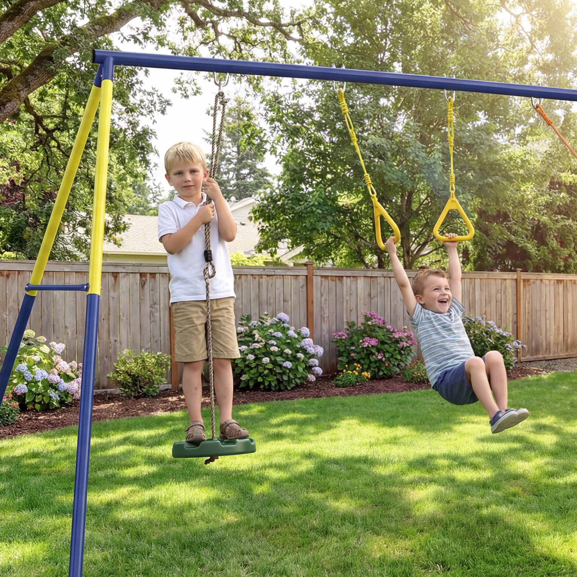 3-in-1 Kids Garden Swing Set with Standing Swing & Gym Rings, A-Frame Steel, Double Swings, 331 lb Capacity, Outdoor, Ages 3-8, 112.2 x 63 x 71.3 in