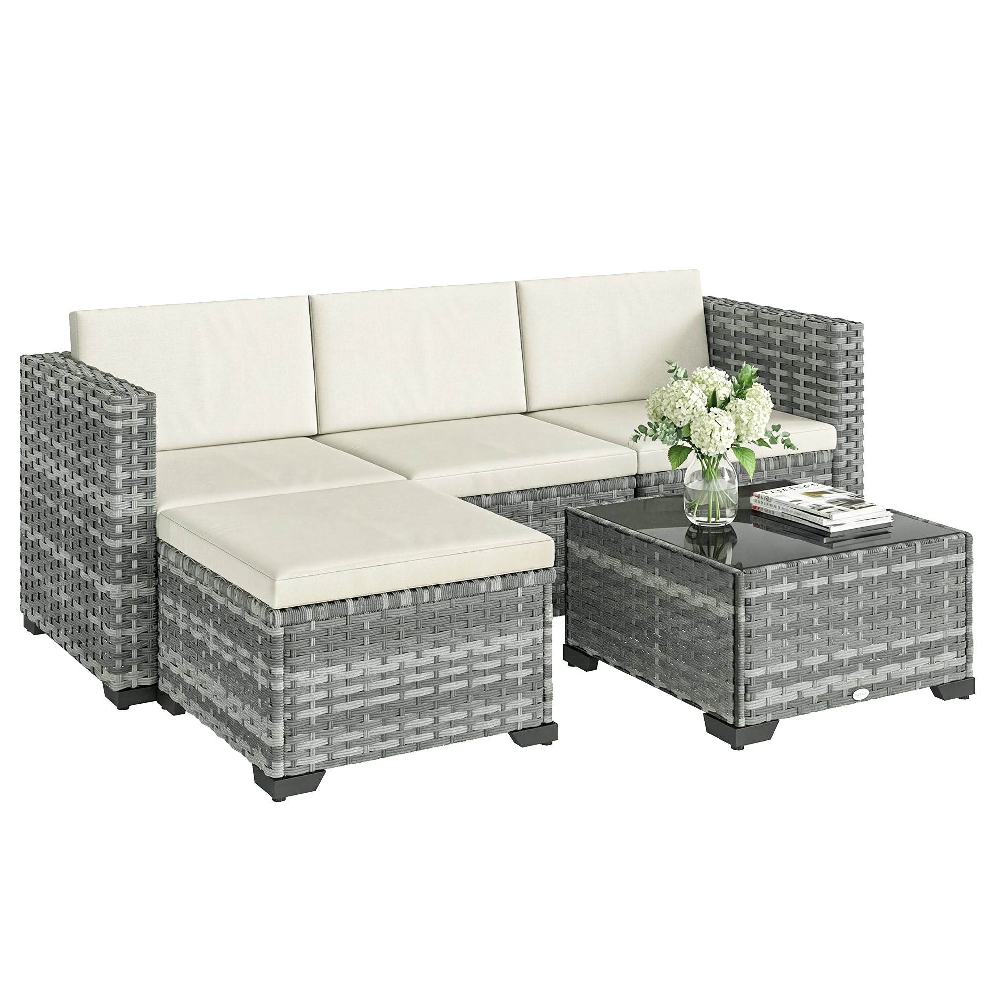 5-Piece PE Rattan Patio Lounge Set with Corner Sofa, Ottoman & Coffee Table, Cushions, Seats up to 4 — Gray & Cream