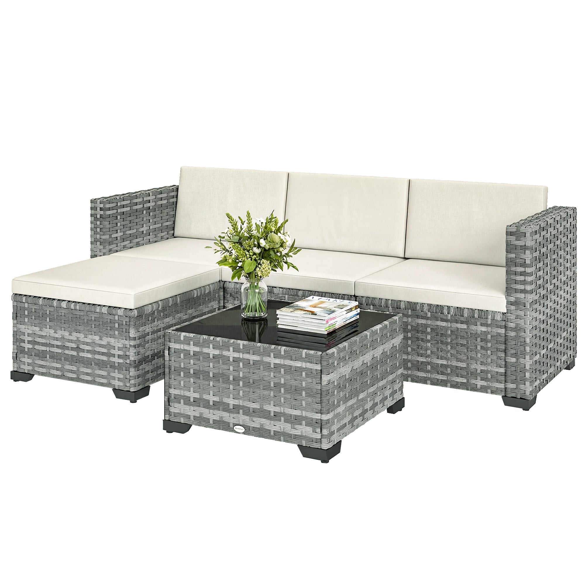 5-Piece PE Rattan Patio Lounge Set with Corner Sofa, Ottoman & Coffee Table, Cushions, Seats up to 4 — Gray & Cream