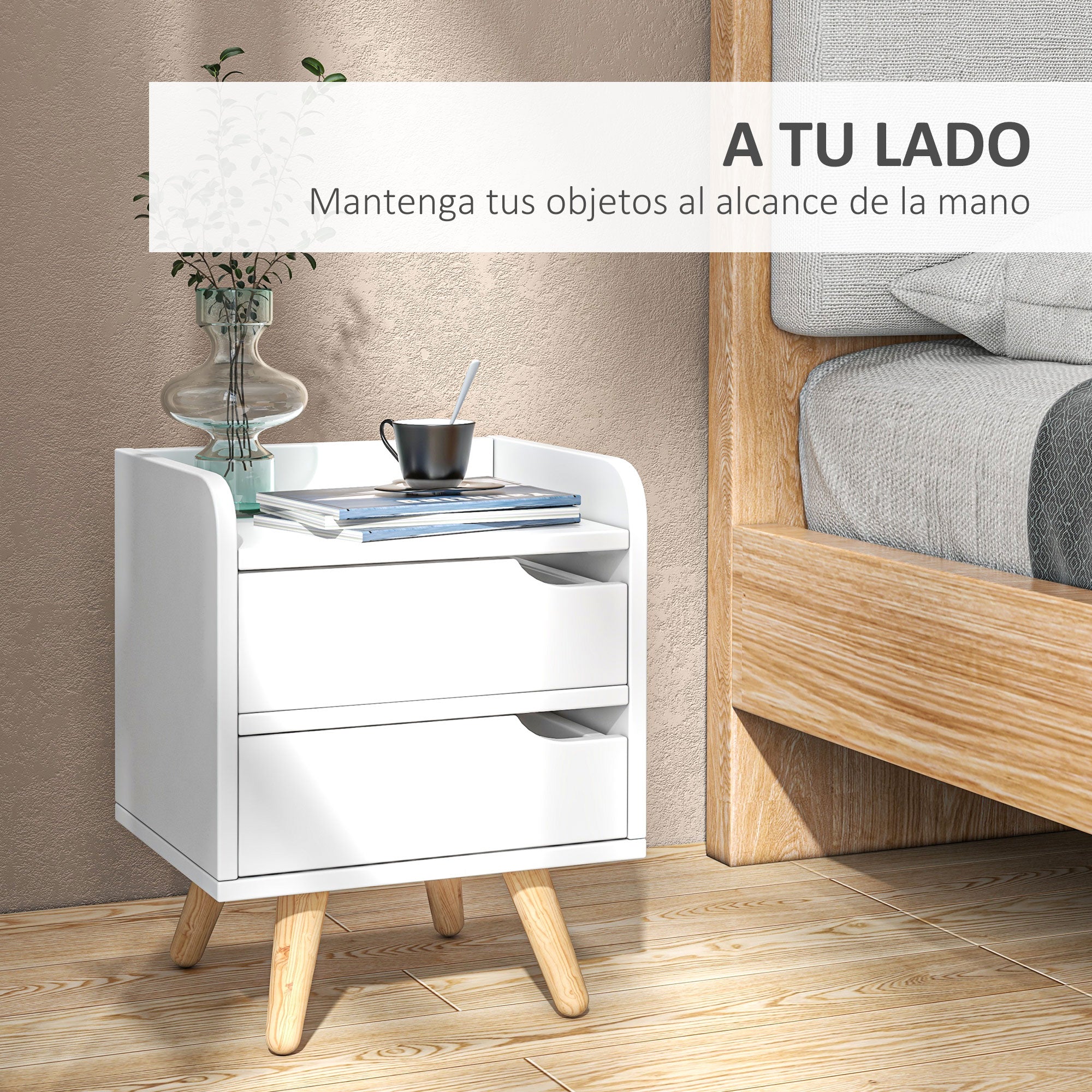 Multi-Purpose Bedside Table Side Cabinet for Living Room or Bedroom with 2 Spacious Drawers Pine Legs Modern Design 33x28x42 cm White
