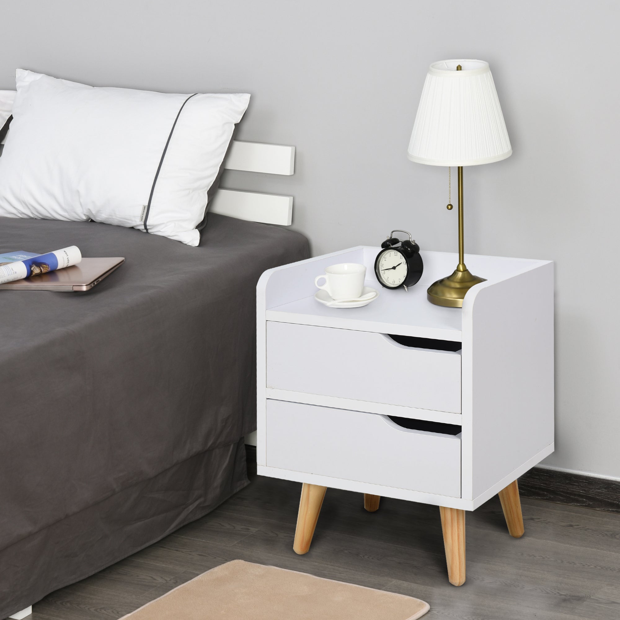 Multi-Purpose Bedside Table Side Cabinet for Living Room or Bedroom with 2 Spacious Drawers Pine Legs Modern Design 33x28x42 cm White