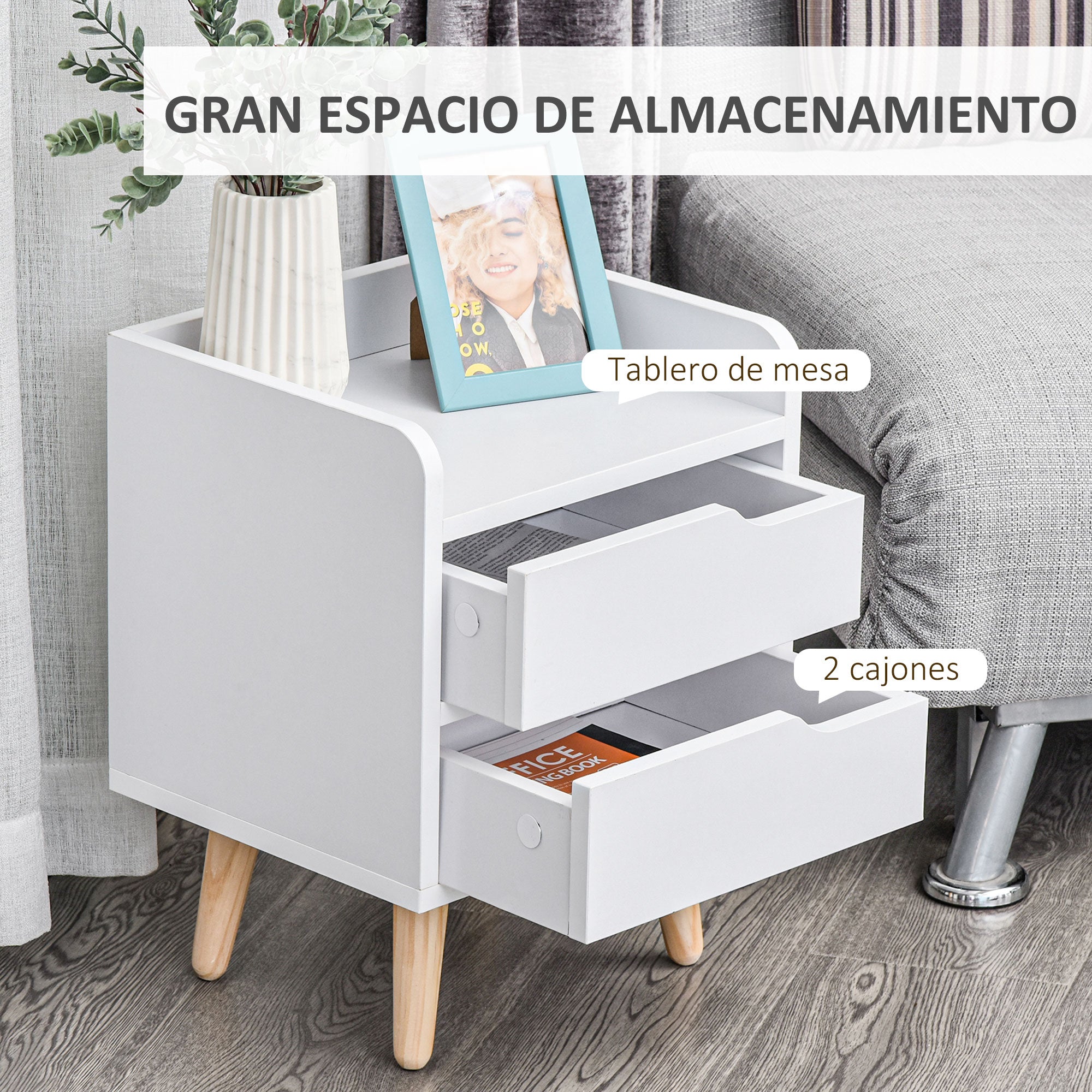 Multi-Purpose Bedside Table Side Cabinet for Living Room or Bedroom with 2 Spacious Drawers Pine Legs Modern Design 33x28x42 cm White