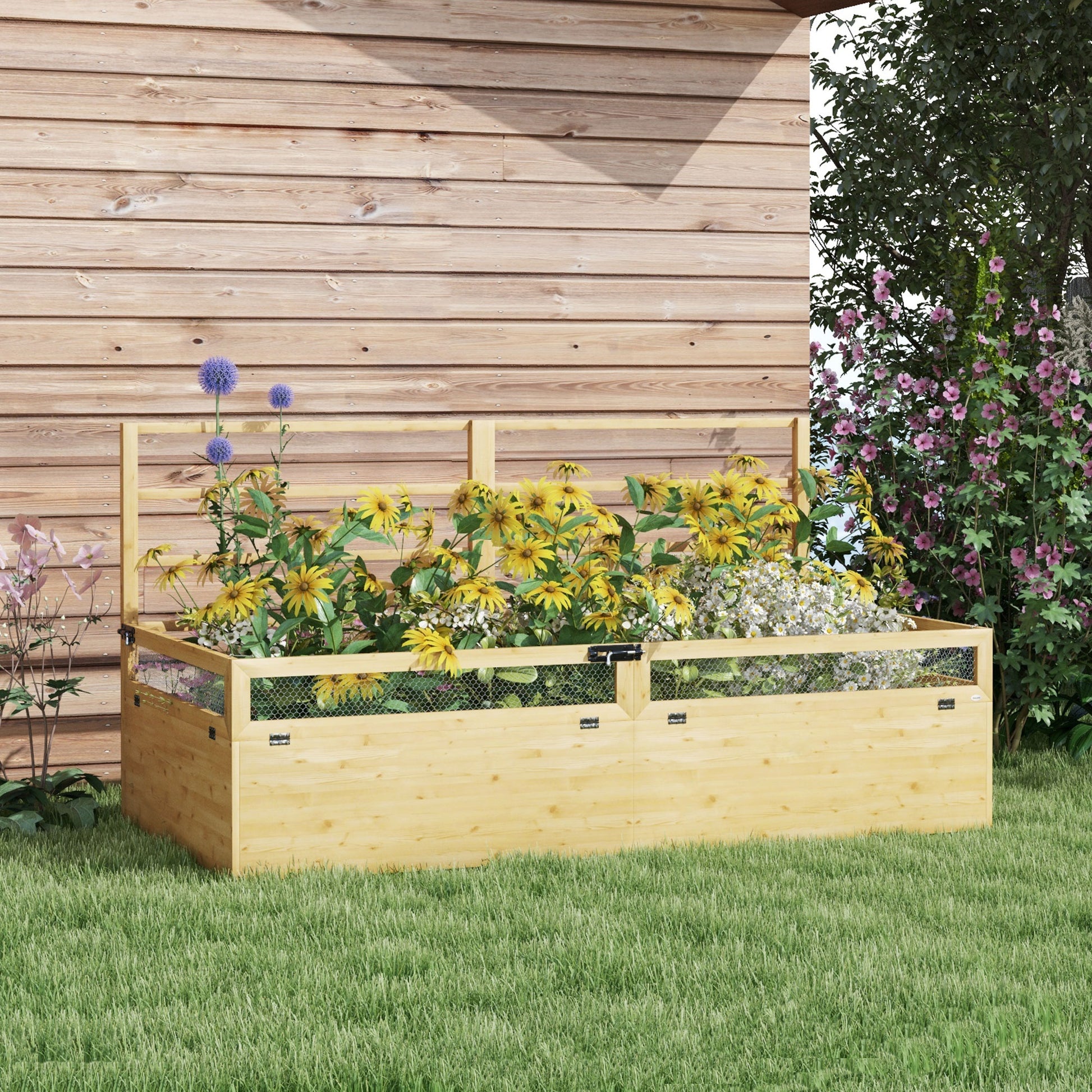 Raised Garden Planter with Trellis, Herbal Bed, Wooden Plant Box, Flower Box for Garden, Balcony, Natural Wood, 183 x 98.5 x 95 cm