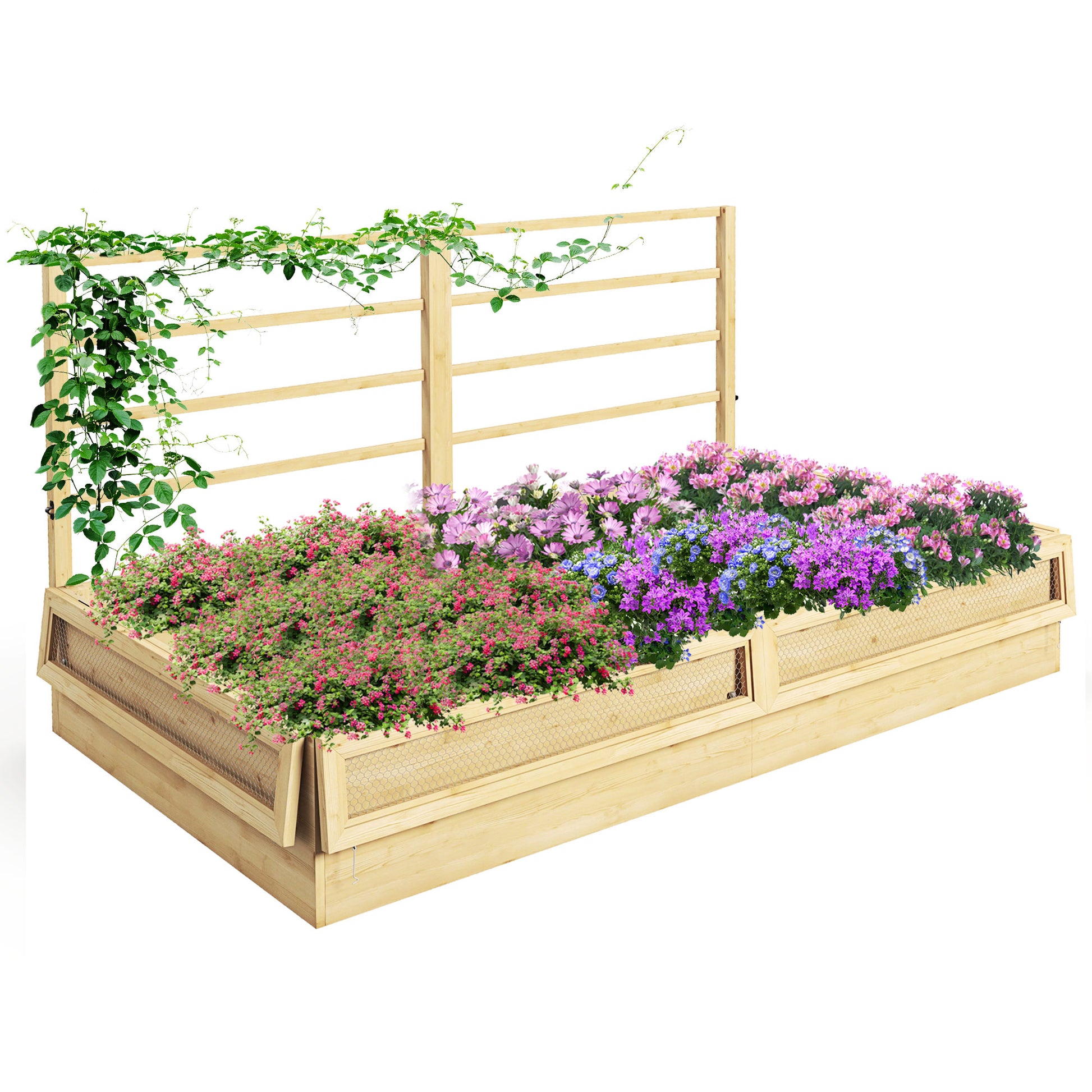 Raised Garden Planter with Trellis, Herbal Bed, Wooden Plant Box, Flower Box for Garden, Balcony, Natural Wood, 183 x 98.5 x 95 cm