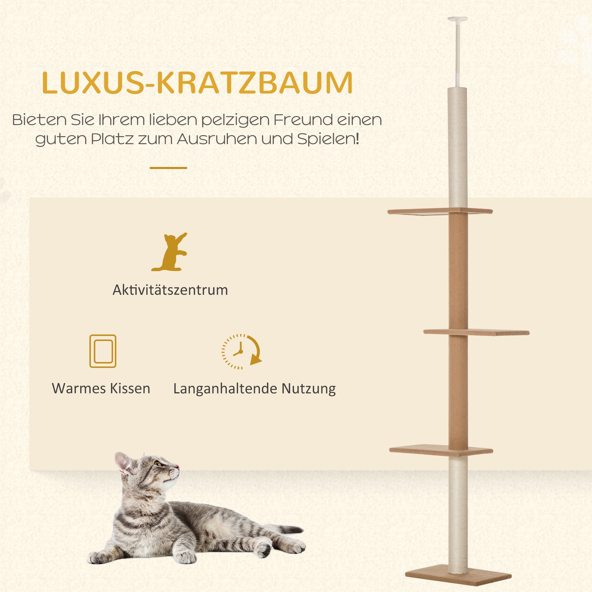 Ceiling-High Cat Tree, Adjustable Height 228-260 cm Climbing Tree for Cats with 3 Levels, Cat Scratching Tree, Floor-to-Ceiling Play Tree in Khaki